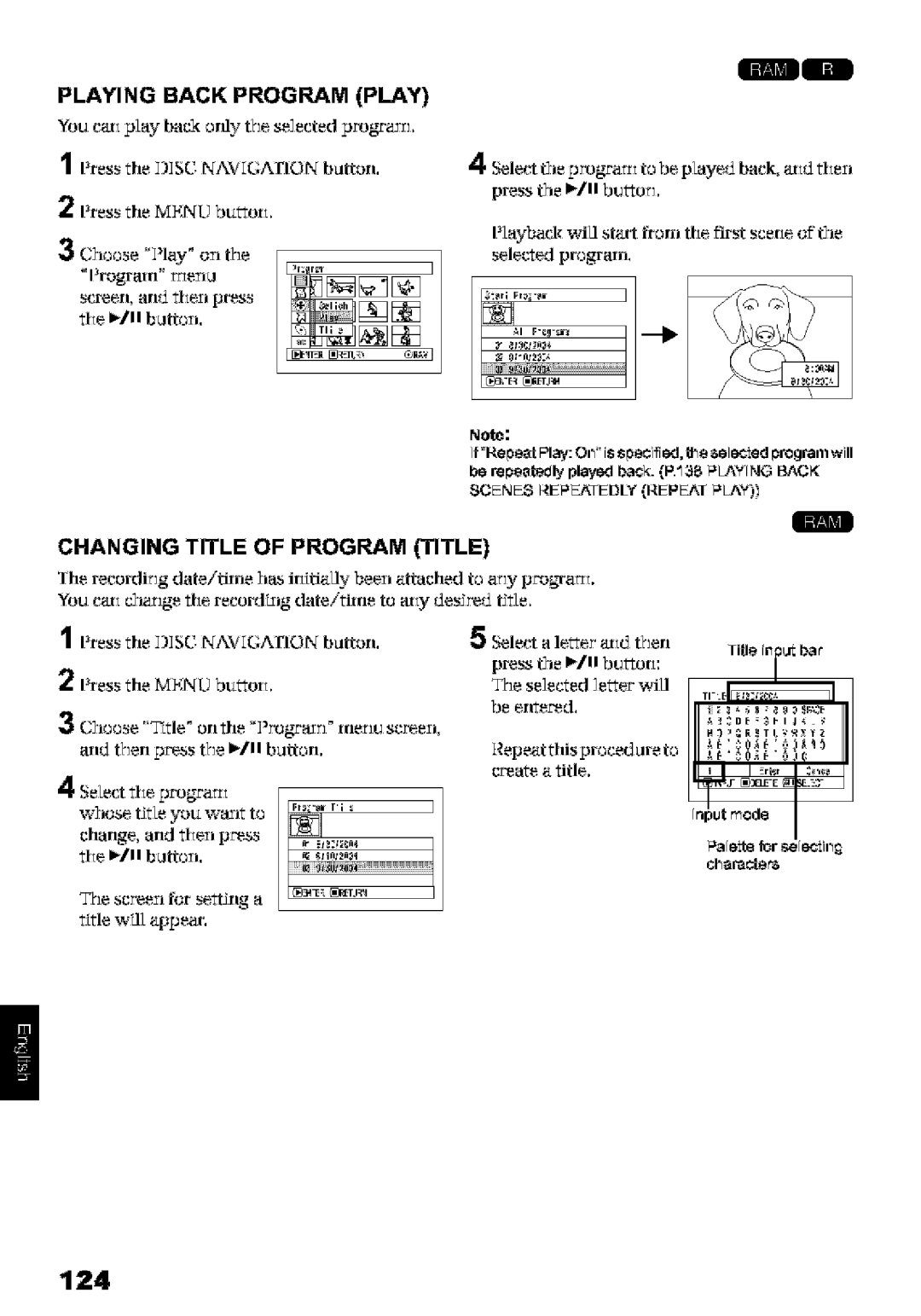 Hitachi DZ-MV580A instruction manual 124, Playing Back Program, Changing Title of Program Title, Press, Inut mode 