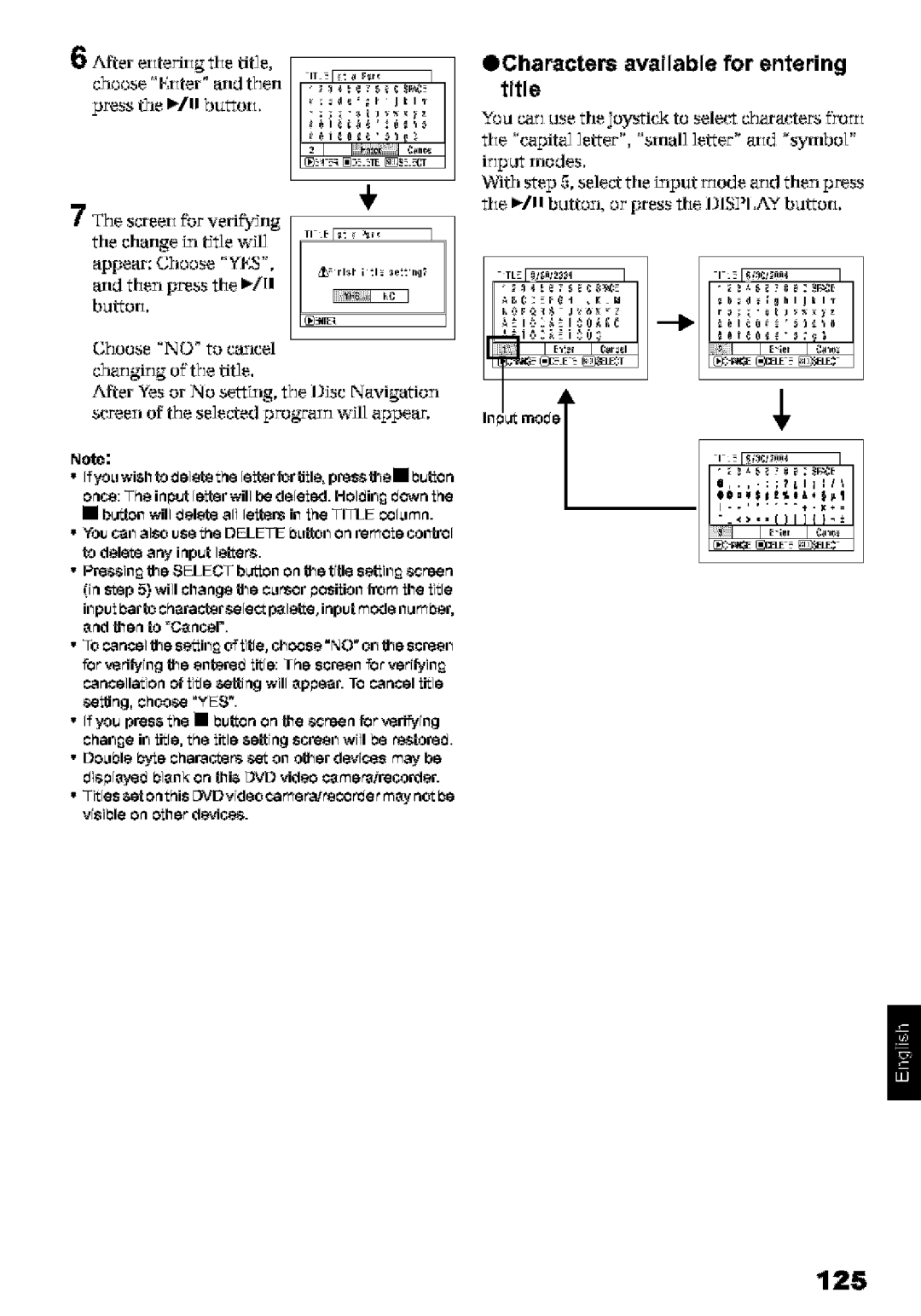 Hitachi DZ-MV580A instruction manual 125, ECharacters available for entering title, Irput modes 