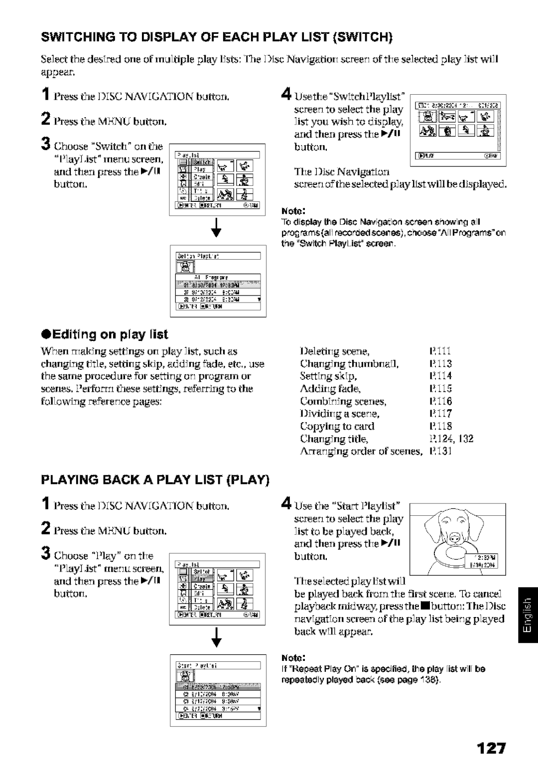 Hitachi DZ-MV580A instruction manual 127, Switching to Display of Each Play List Switch, Playing Back a Play List Play 