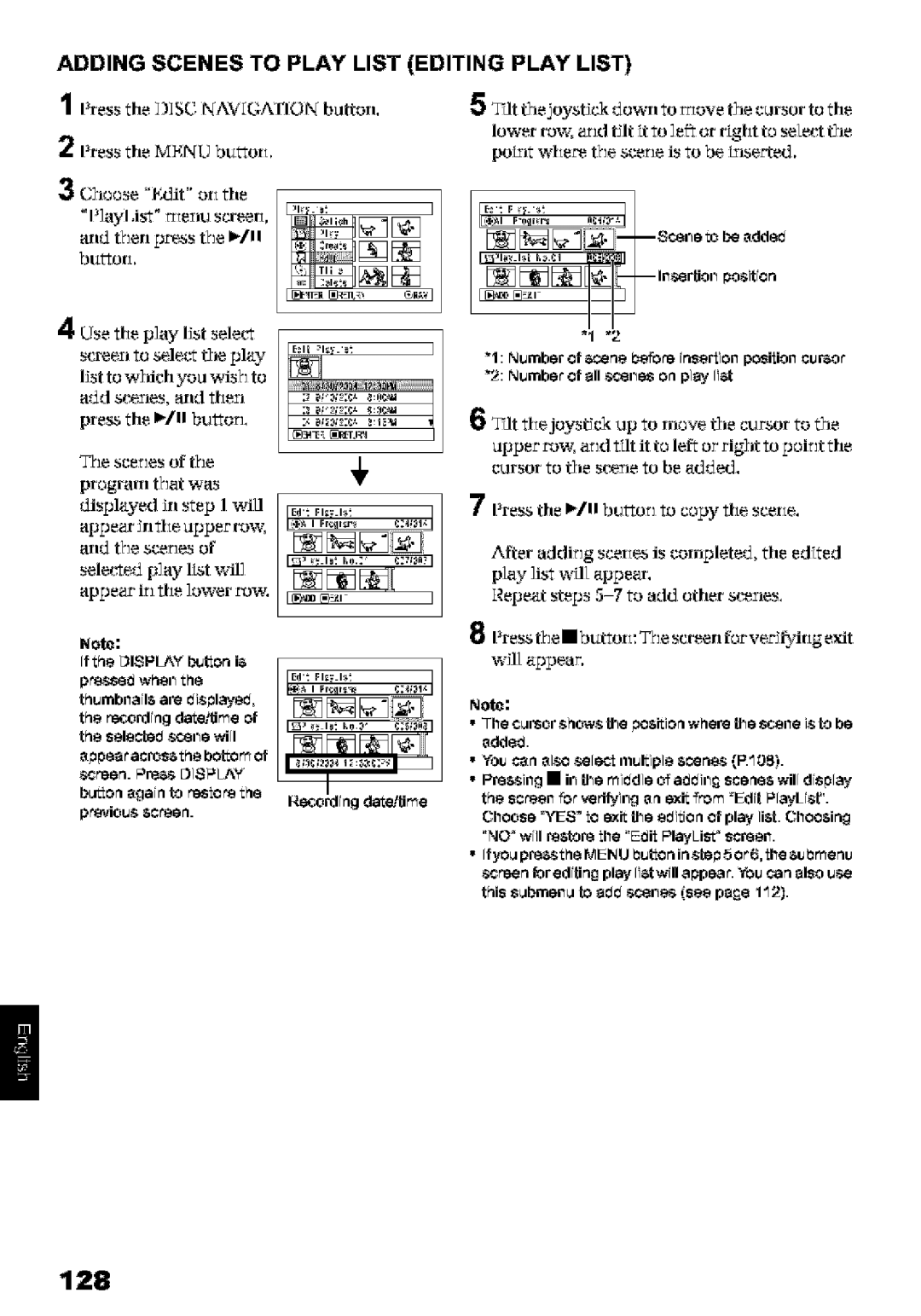 Hitachi DZ-MV580A Adding Scenes to Play List Editing Play List, Iresst#ebutorIThescreerlforverJf2¢irIgexft wll atpear 