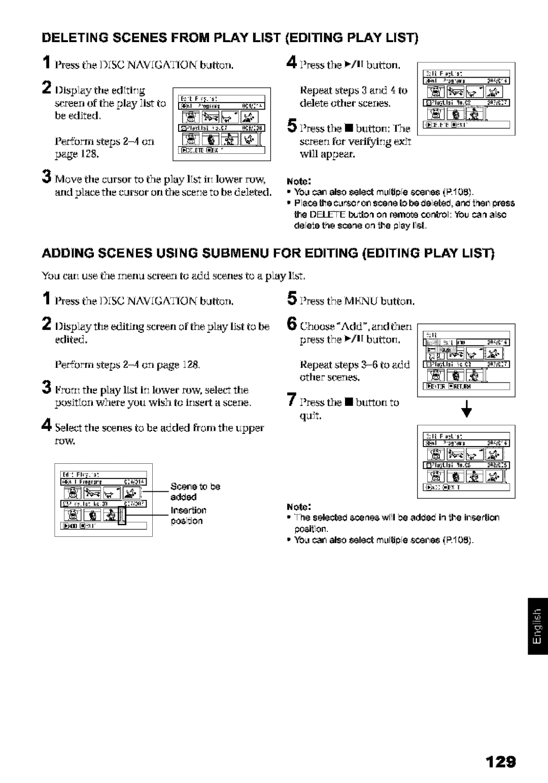 Hitachi DZ-MV580A instruction manual 129, Adding Scenes Using Submenu for Editing Editing Play List 