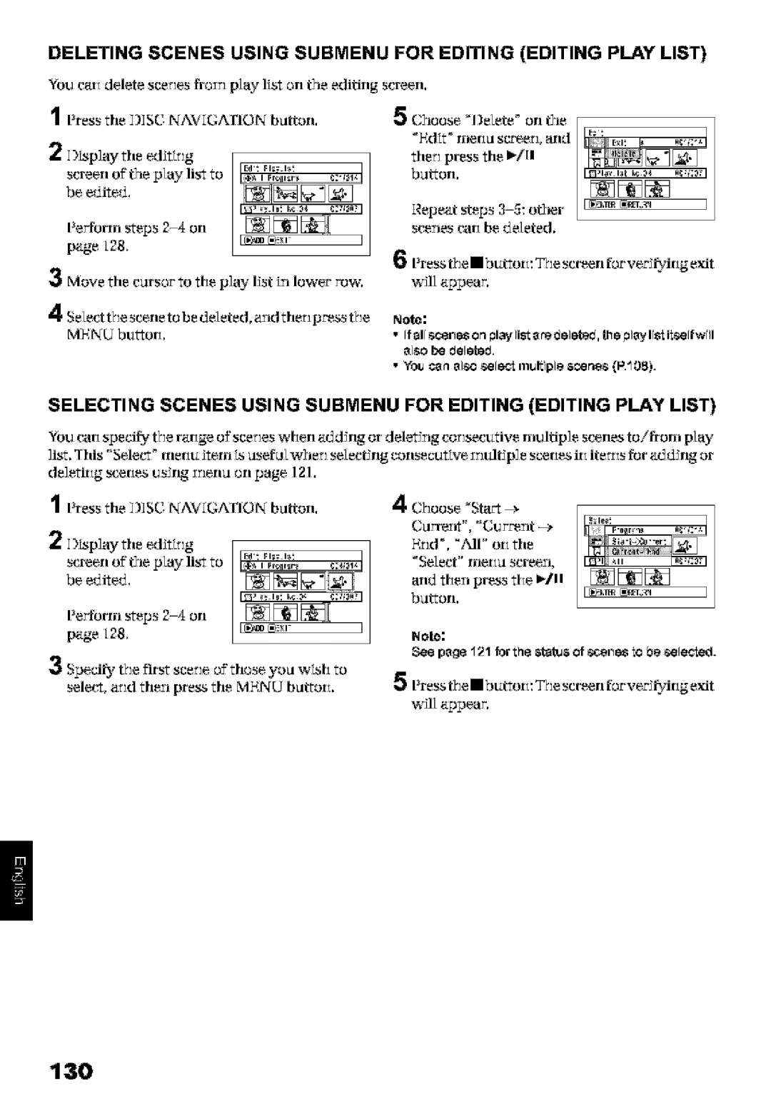 Hitachi DZ-MV580A instruction manual 130, Deleting Scenes Using Submenu for Editing Editing Play List, Perform steps 2-Oil 