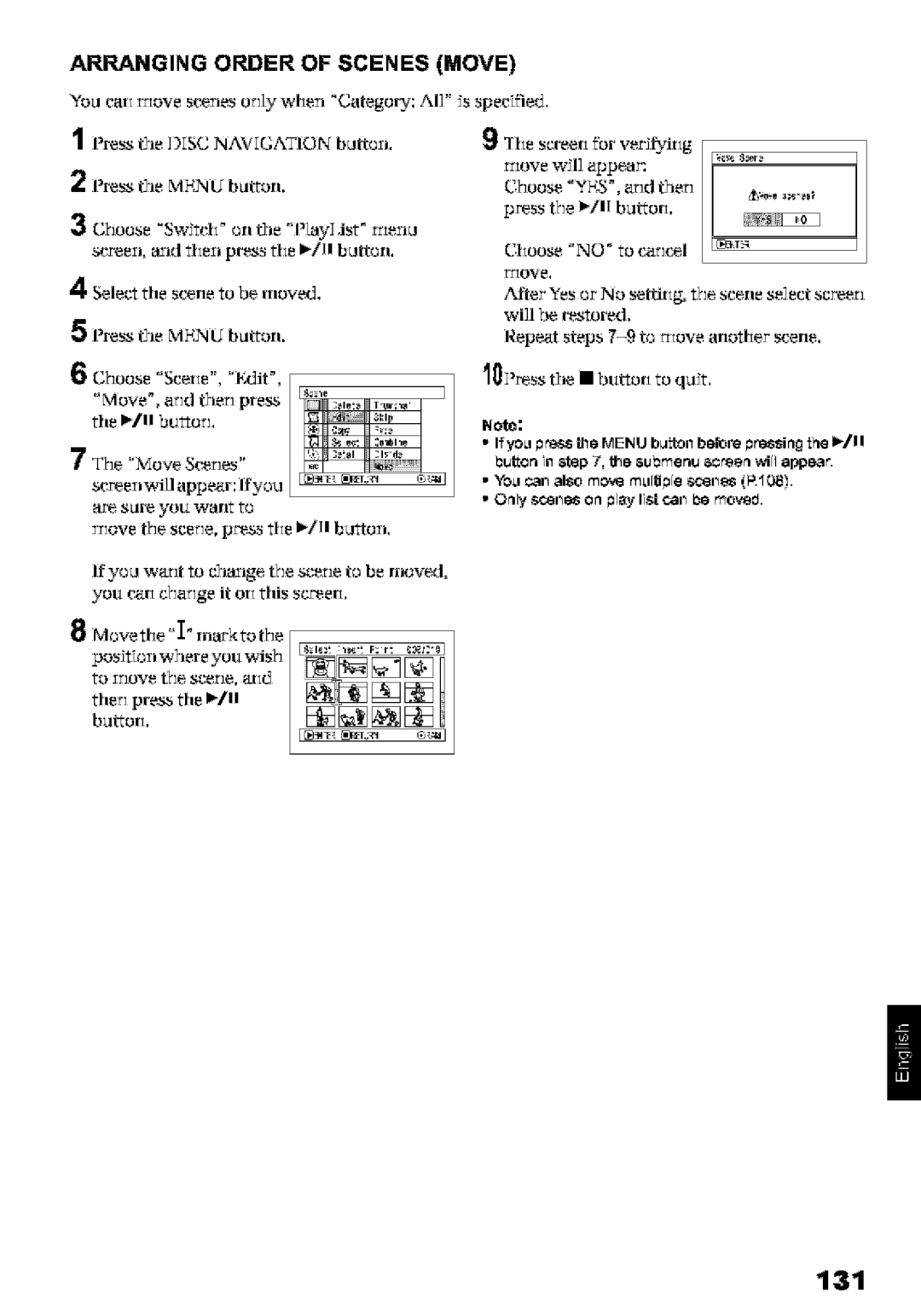 Hitachi DZ-MV580A instruction manual 131, Arranging Order of Scenes Move, 0Press the buttori toquit, 7The Move Steel,s 