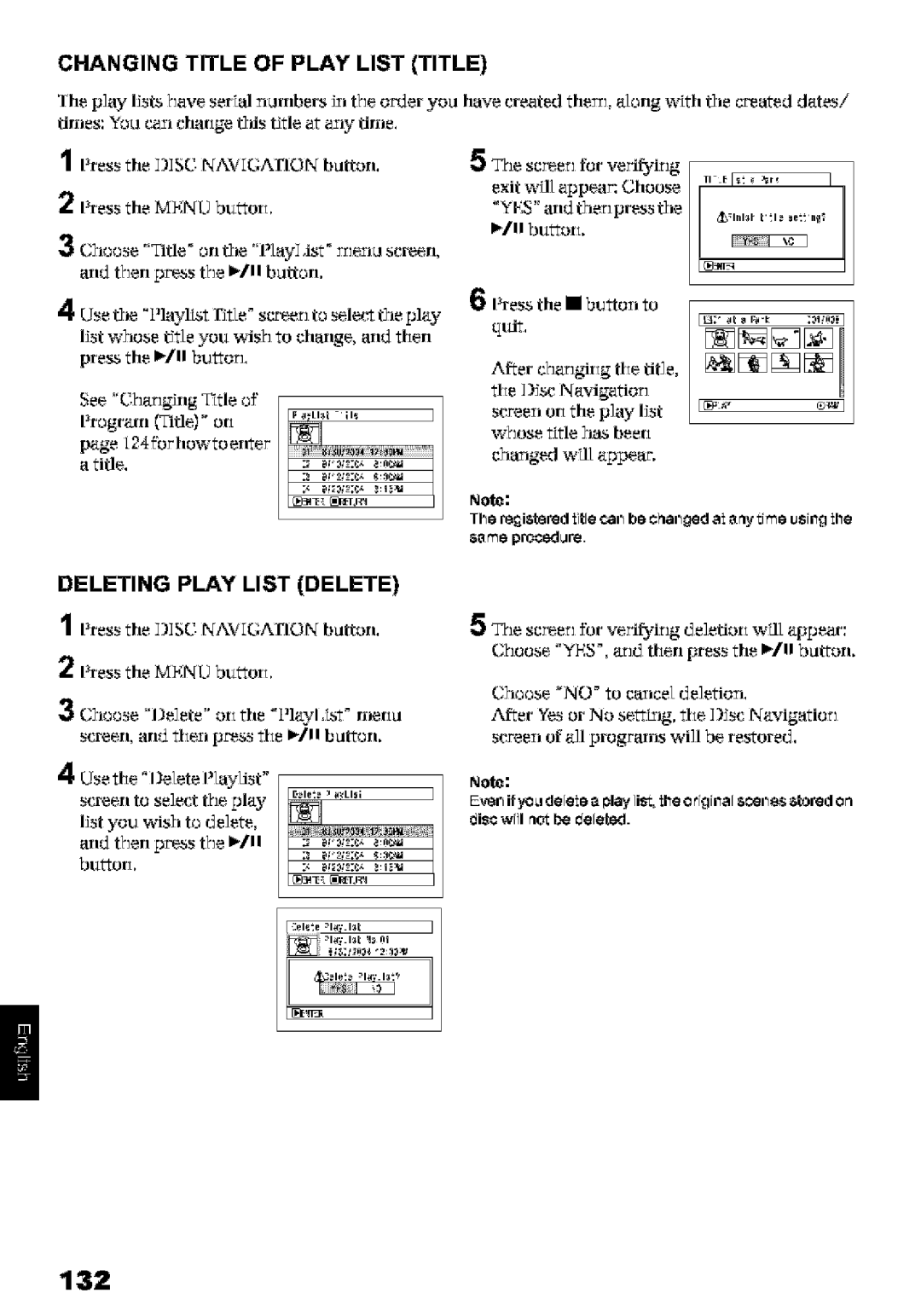 Hitachi DZ-MV580A 132, Changing Title of Play List Title, Deleting Play List Delete, Press the DISC. Navgafion button 