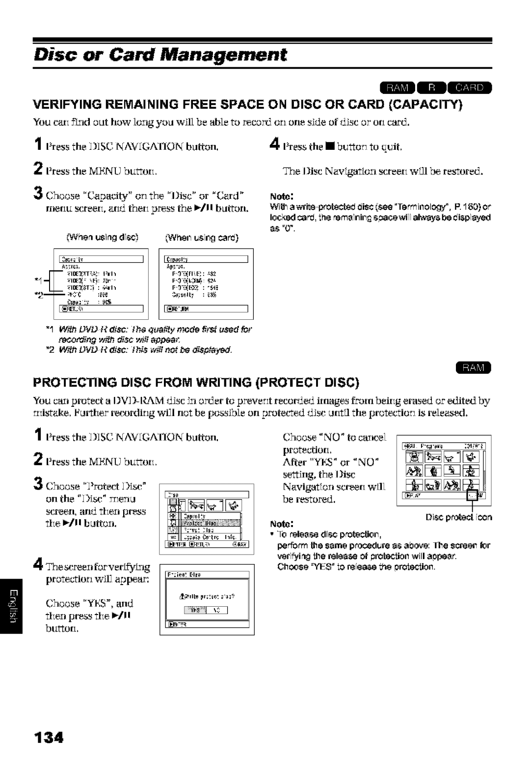 Hitachi DZ-MV580A Disc or Card Management, 134, Verifying Remaining Free Space on Disc or Card Capacity, Teri press 