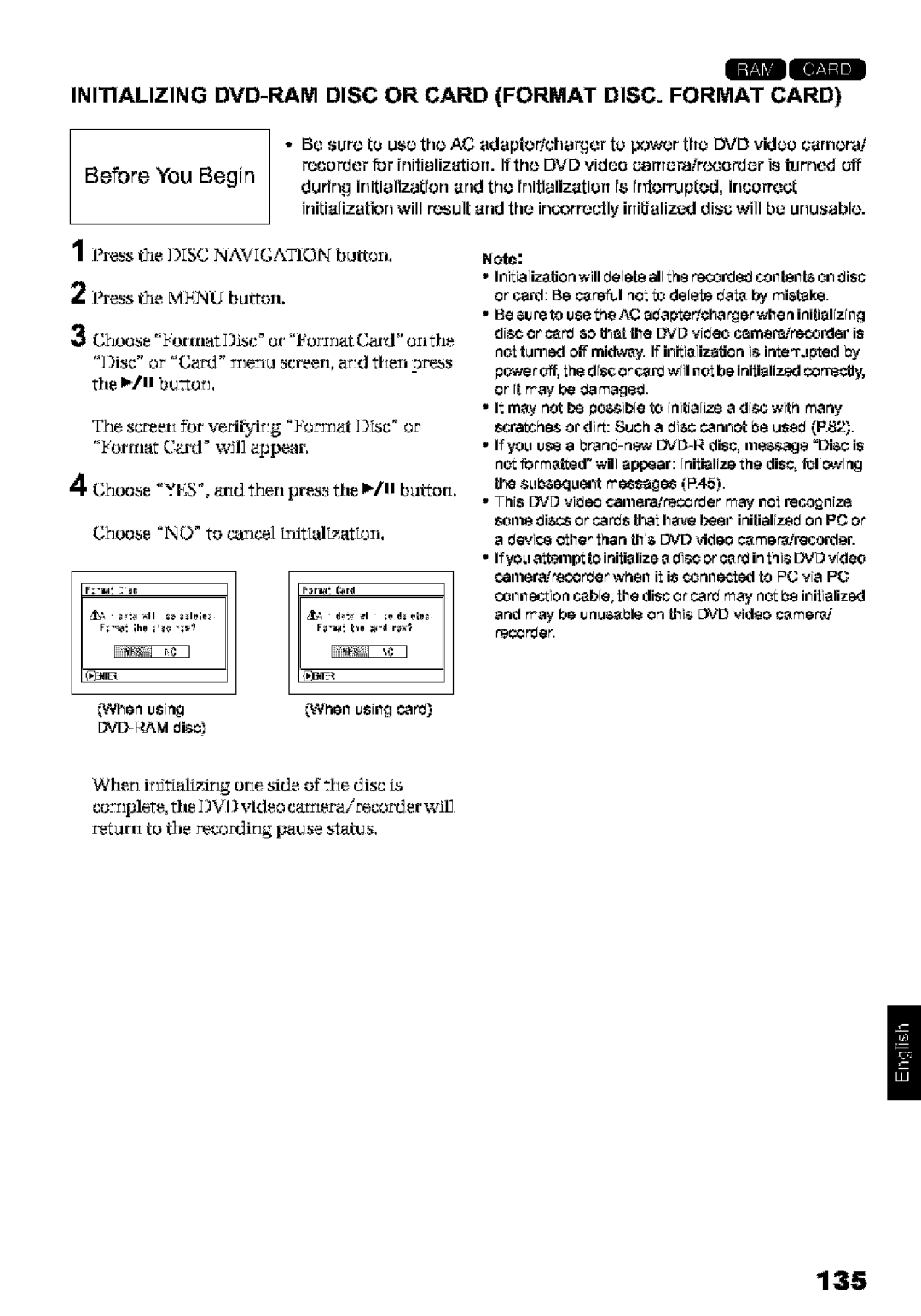 Hitachi DZ-MV580A instruction manual 135, Initializing DVD-RAM Disc or Card Format DISC. Format Card, Orrnat Card wtl apear 