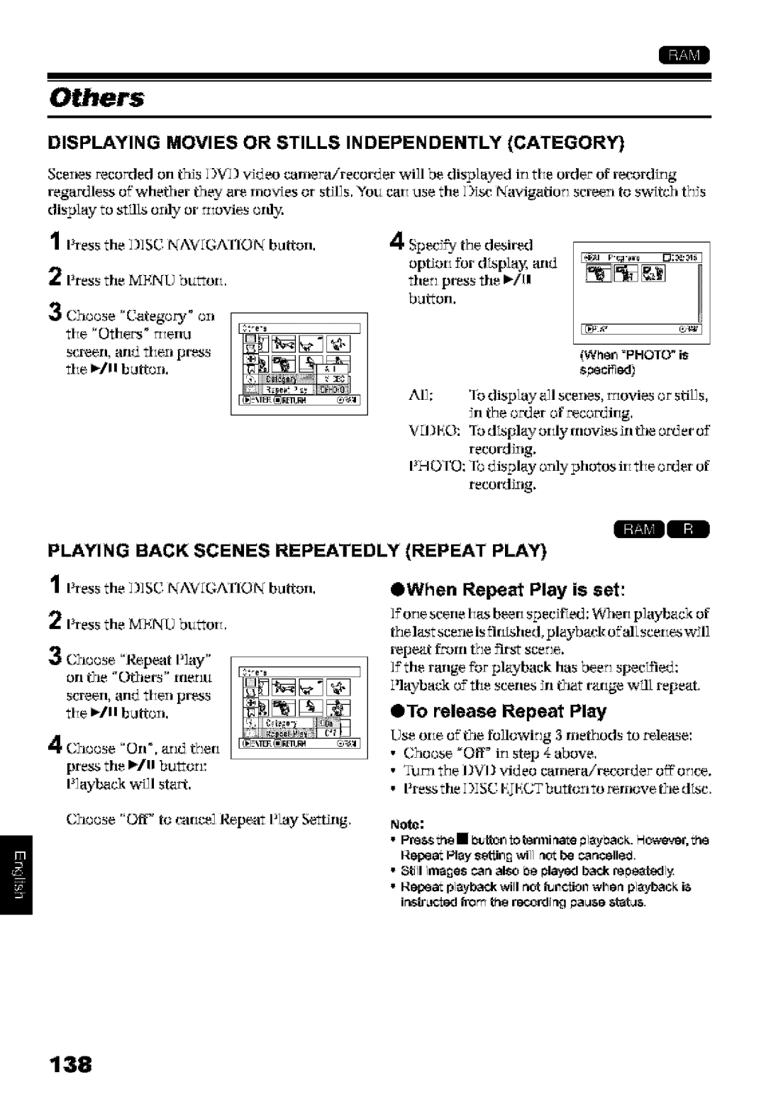 Hitachi DZ-MV580A Others, 138, Displaying Movies or Stills Independently Category, OWhen Repeat Play is set 