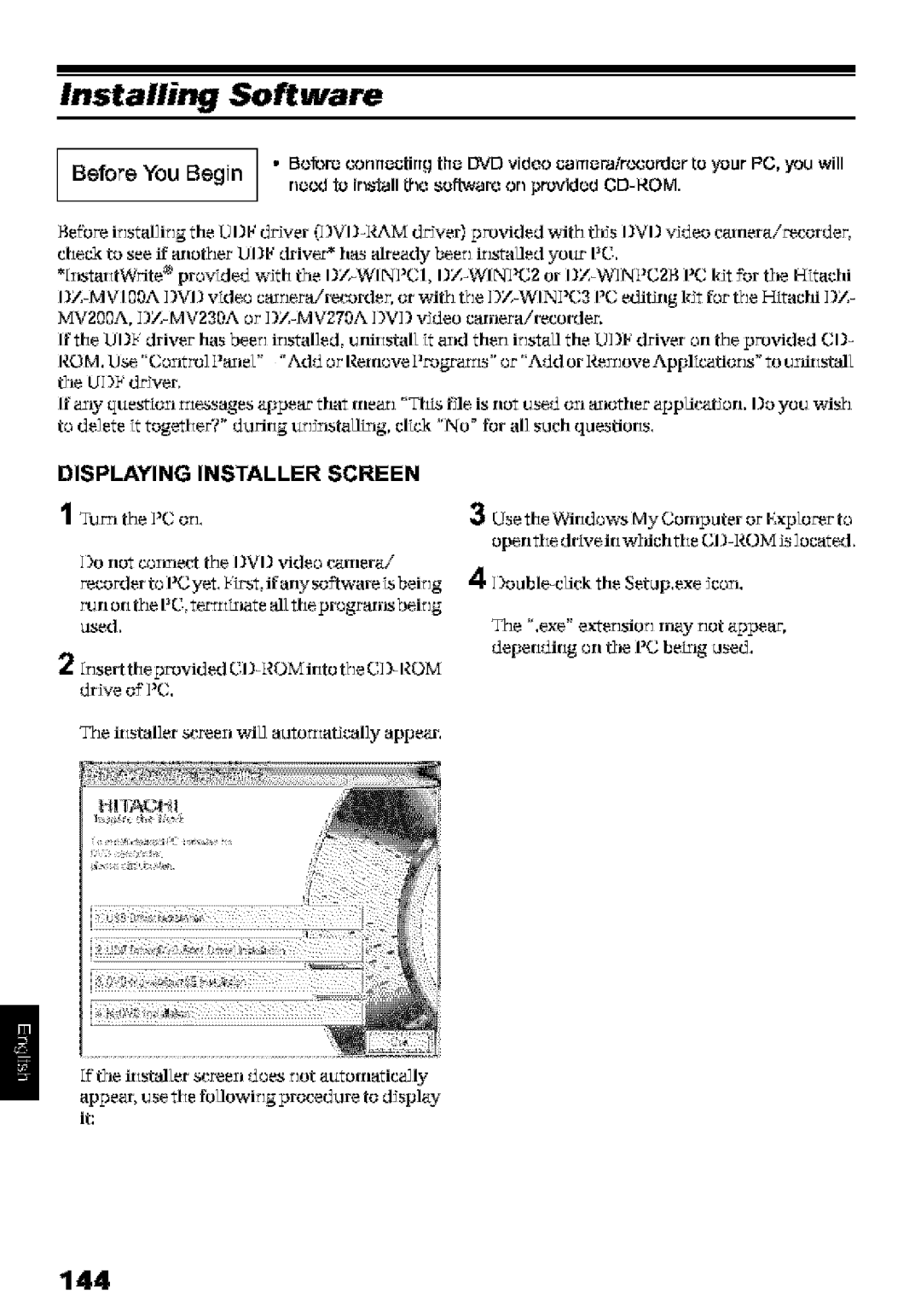 Hitachi DZ-MV580A Installing Software, 144, Displaying Installer Screen, 3UsetheWir*dowsMyComputerorExplorerto 