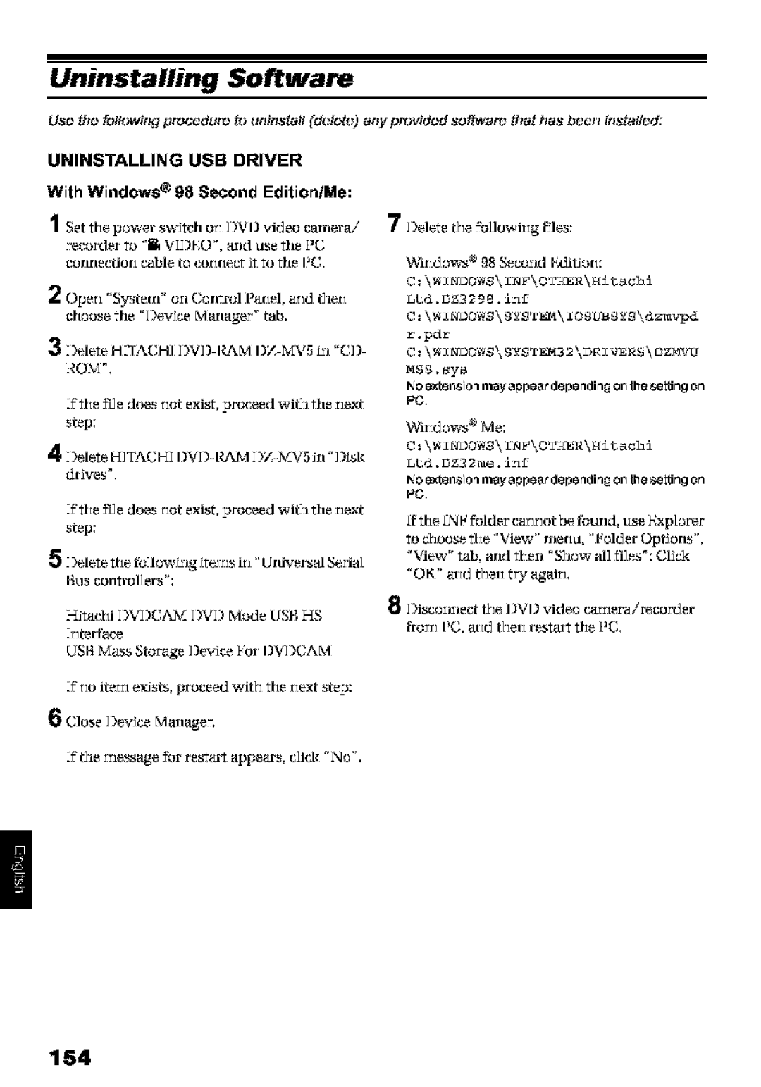 Hitachi DZ-MV580A instruction manual Uninstalling Software, 154, Uninstalling USB Driver, With Windows 98 Second EditiontMe 