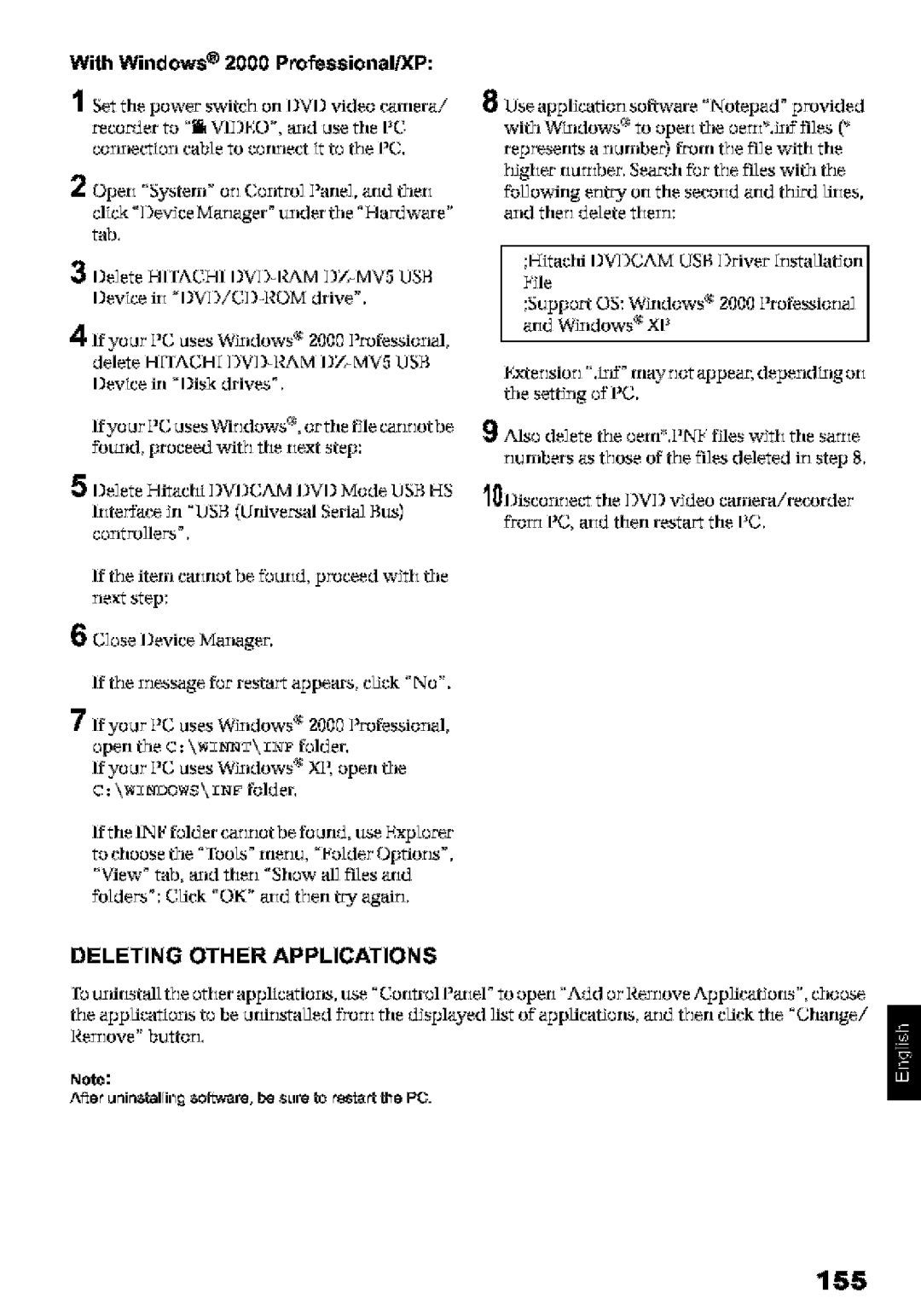 Hitachi DZ-MV580A instruction manual 155, Deleting Other Applications, With Windows 2000 Prossional/XP, Fld er 