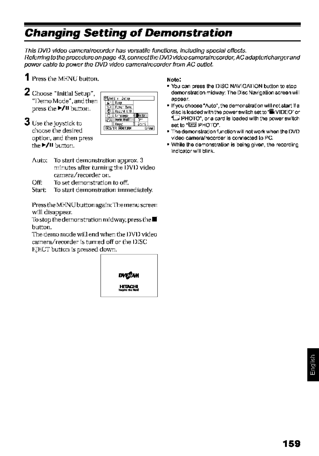 Hitachi DZ-MV580A instruction manual Changing Setting of Demonstration, 159, Auto 