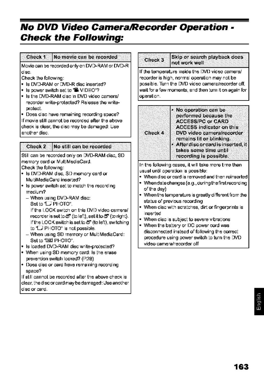 Hitachi DZ-MV580A instruction manual No DVD Video Camera/Recorder Operation Check the Following, 163 