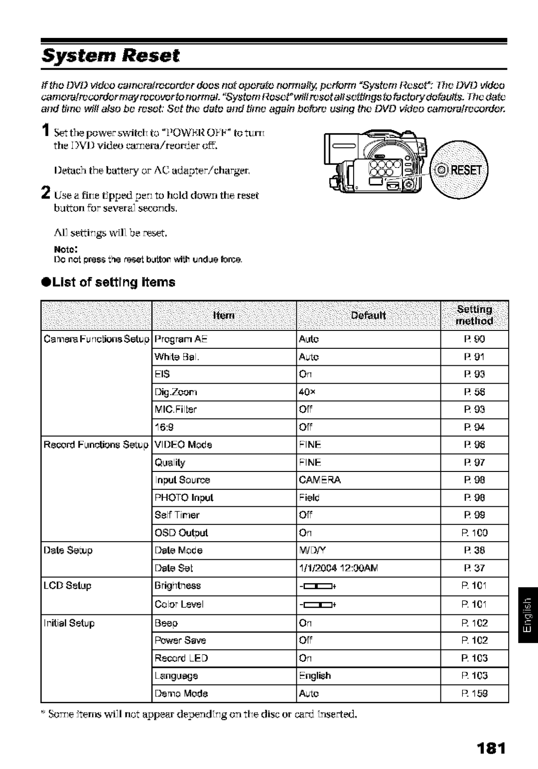 Hitachi DZ-MV580A instruction manual System Reset, 181, 101, 102 