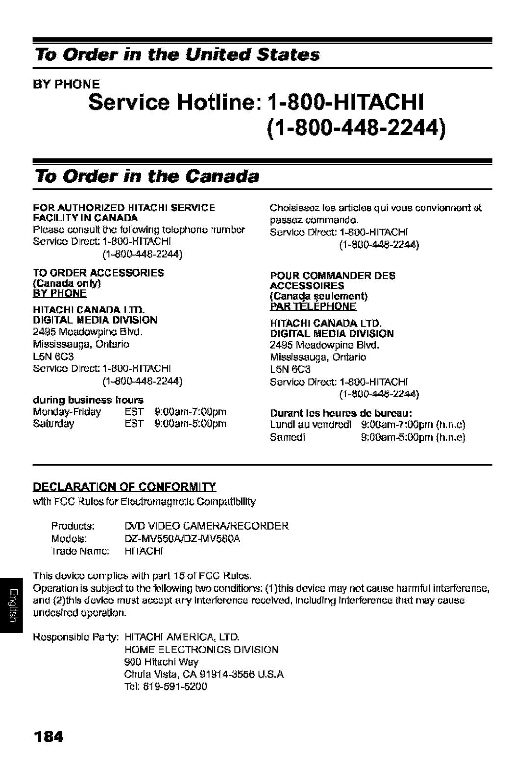 Hitachi DZ-MV580A instruction manual To Order in the United States, To Order in the Canada, 184, By Phone 