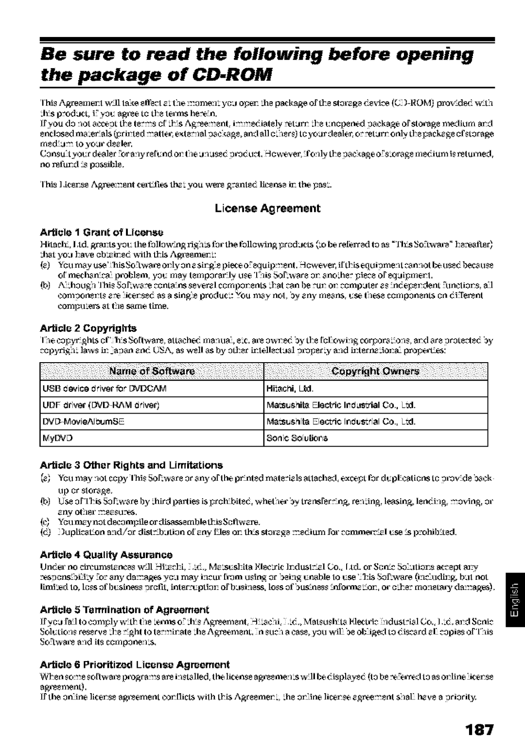 Hitachi DZ-MV580A instruction manual 187, Article Prioritized License Agreement 