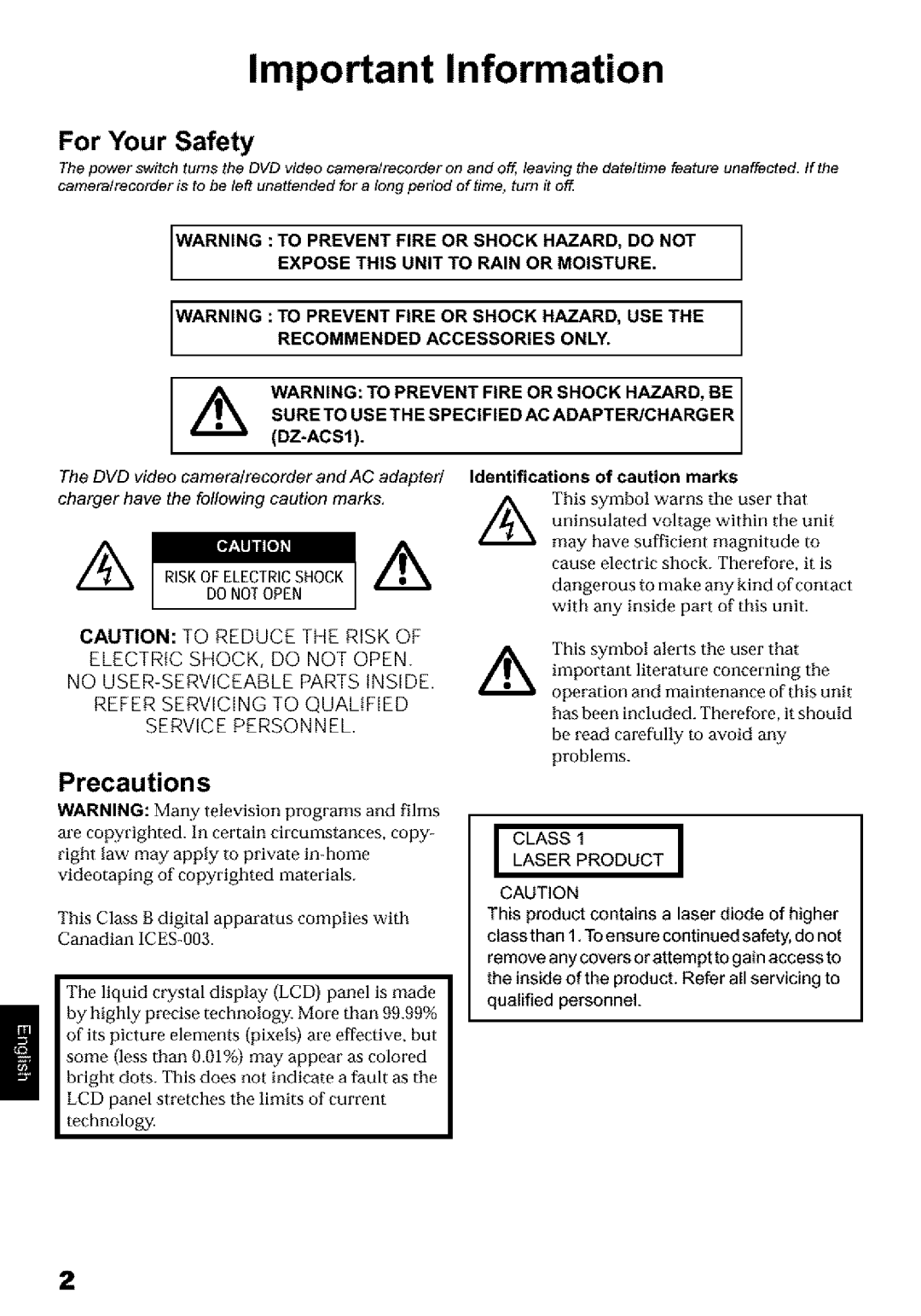 Hitachi DZ-MV580A For Your Safety, Precautions, Expose TH S UN T to RA N or Me Sture, Identifications of caution marks 