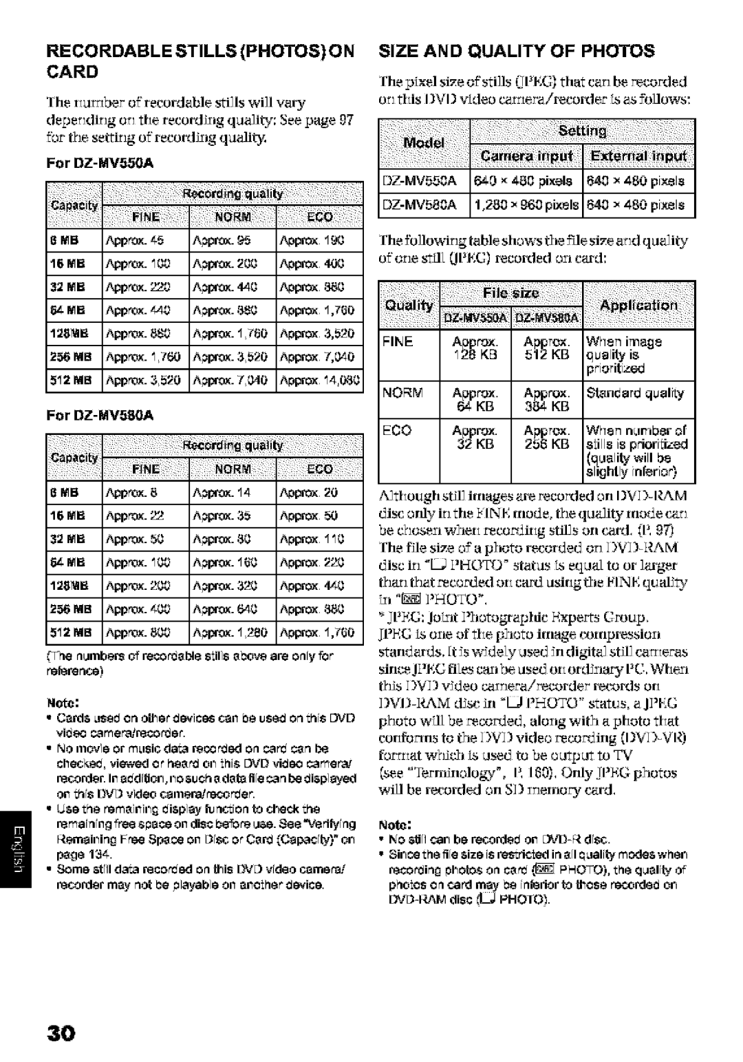 Hitachi DZ-MV580A instruction manual Recordable Stills Photos on Card, Size and Quality of Photos 