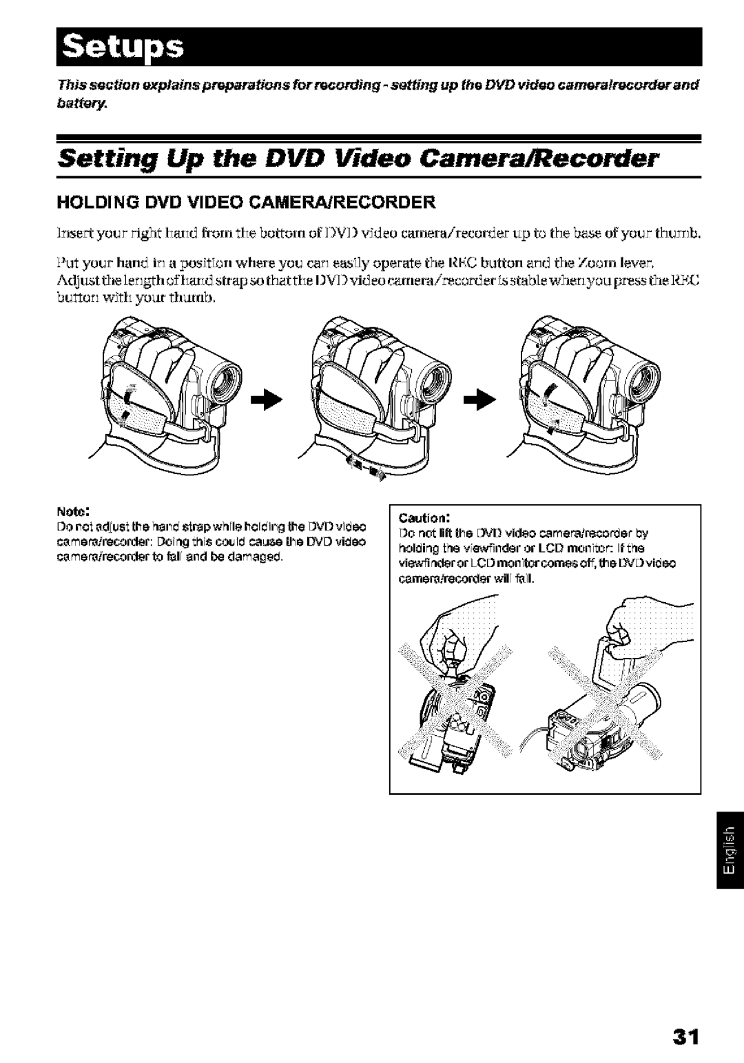 Hitachi DZ-MV580A instruction manual Setting Up the DVD Video Camera/Recorder, Holding DVD Video CAMERA/RECORDER 