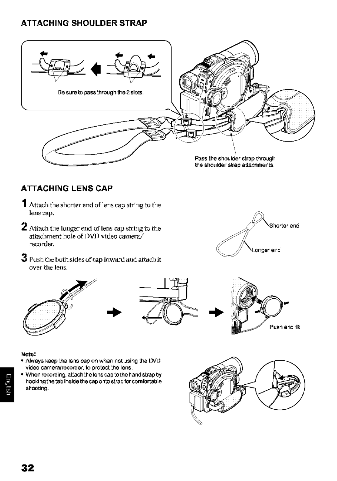 Hitachi DZ-MV580A Attaching Shoulder Strap Attaching Lens CAP, Iusftile both sides of cap irtwa arid attaclit over th lens 