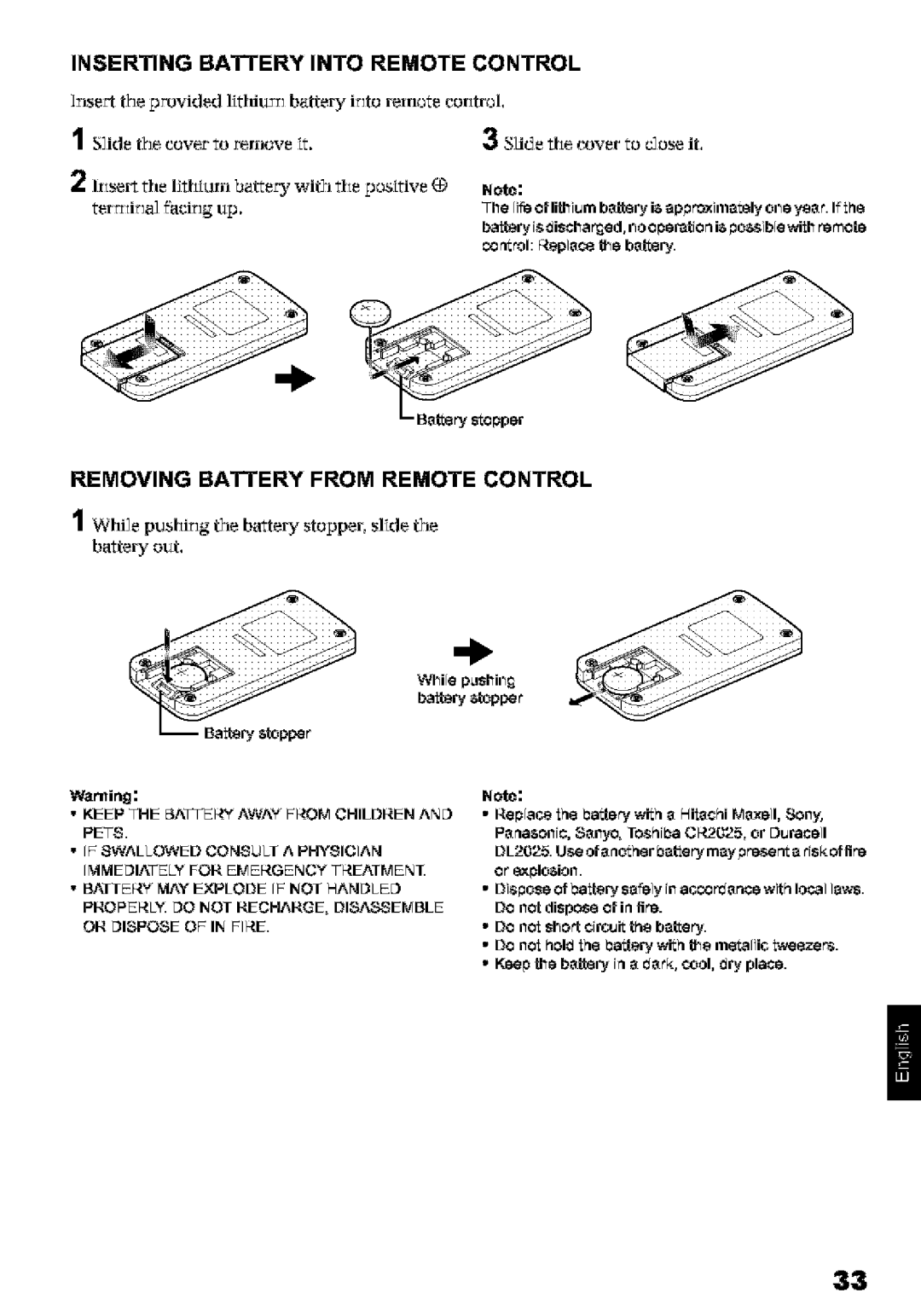 Hitachi DZ-MV580A Inserting Battery Into Remote Control, Removing Battery from Remote Control, Wlhile pLishilfi 