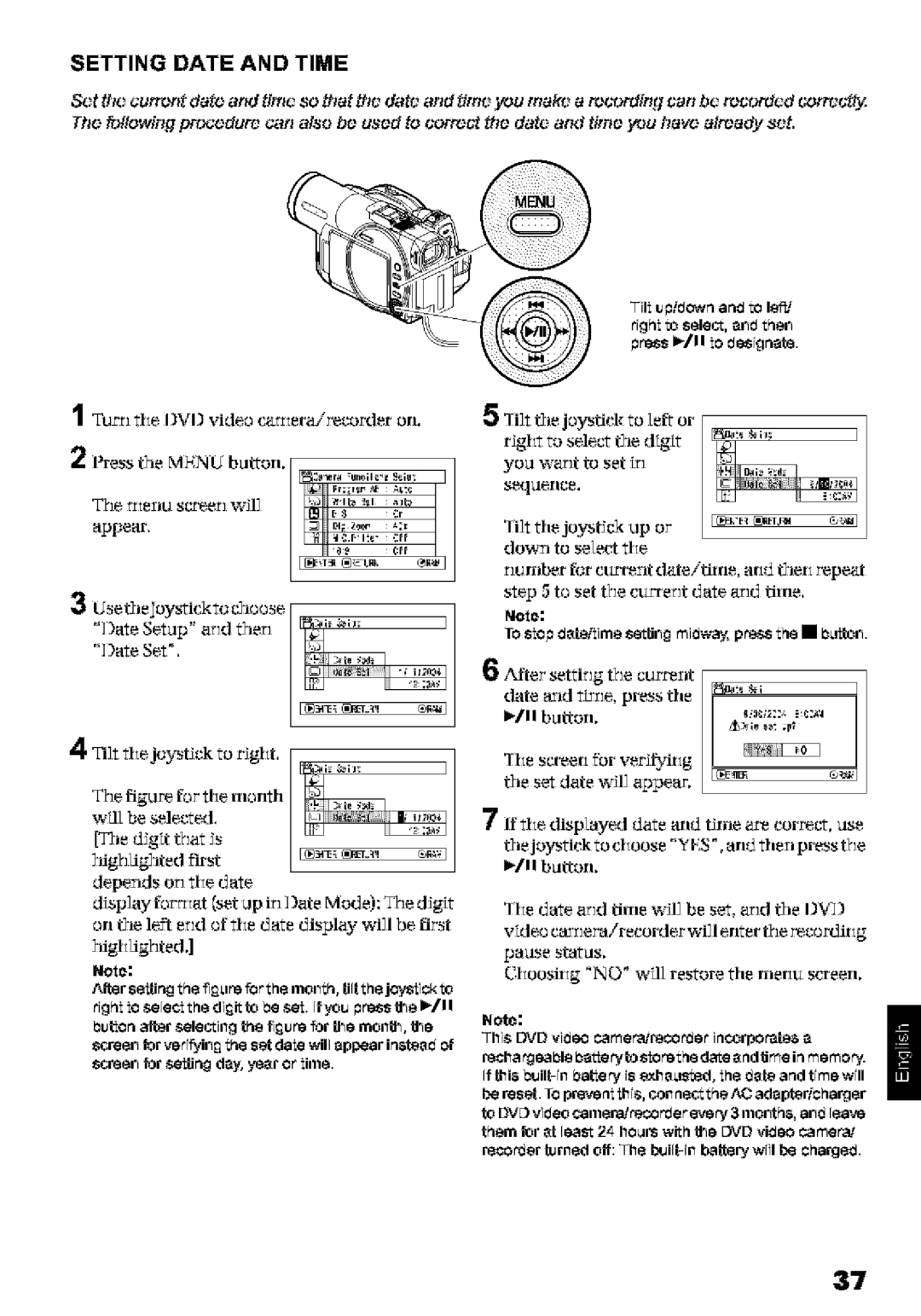 Hitachi DZ-MV580A Setting Date and Time, Turn IVI video cartera/recorder, He date arid time will be set, arid the IVD 