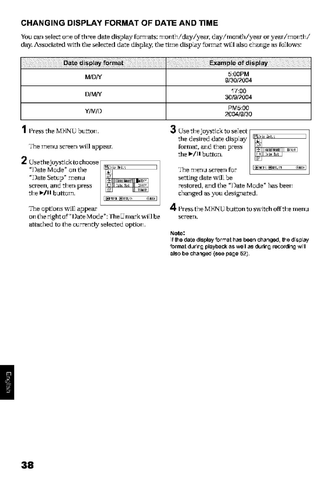 Hitachi DZ-MV580A Changing Display Format of Date and Time, Renu screen will appear, IateM,.de Or, t,e Date Setup rlerla 