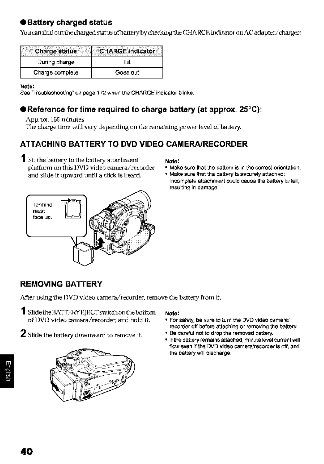 Hitachi DZ-MV580A Attaching Battery to DVD Video CAMERA/RECORDER, Removing Battery, Battery charged status 