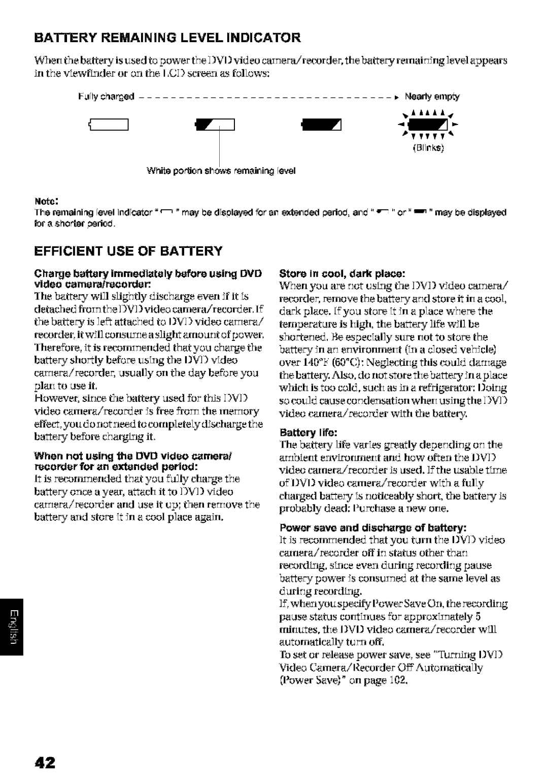 Hitachi DZ-MV580A Efficient USE of Battery, Battery Remaining Level Indicator, Store in cool, dark place, Batter,/life 