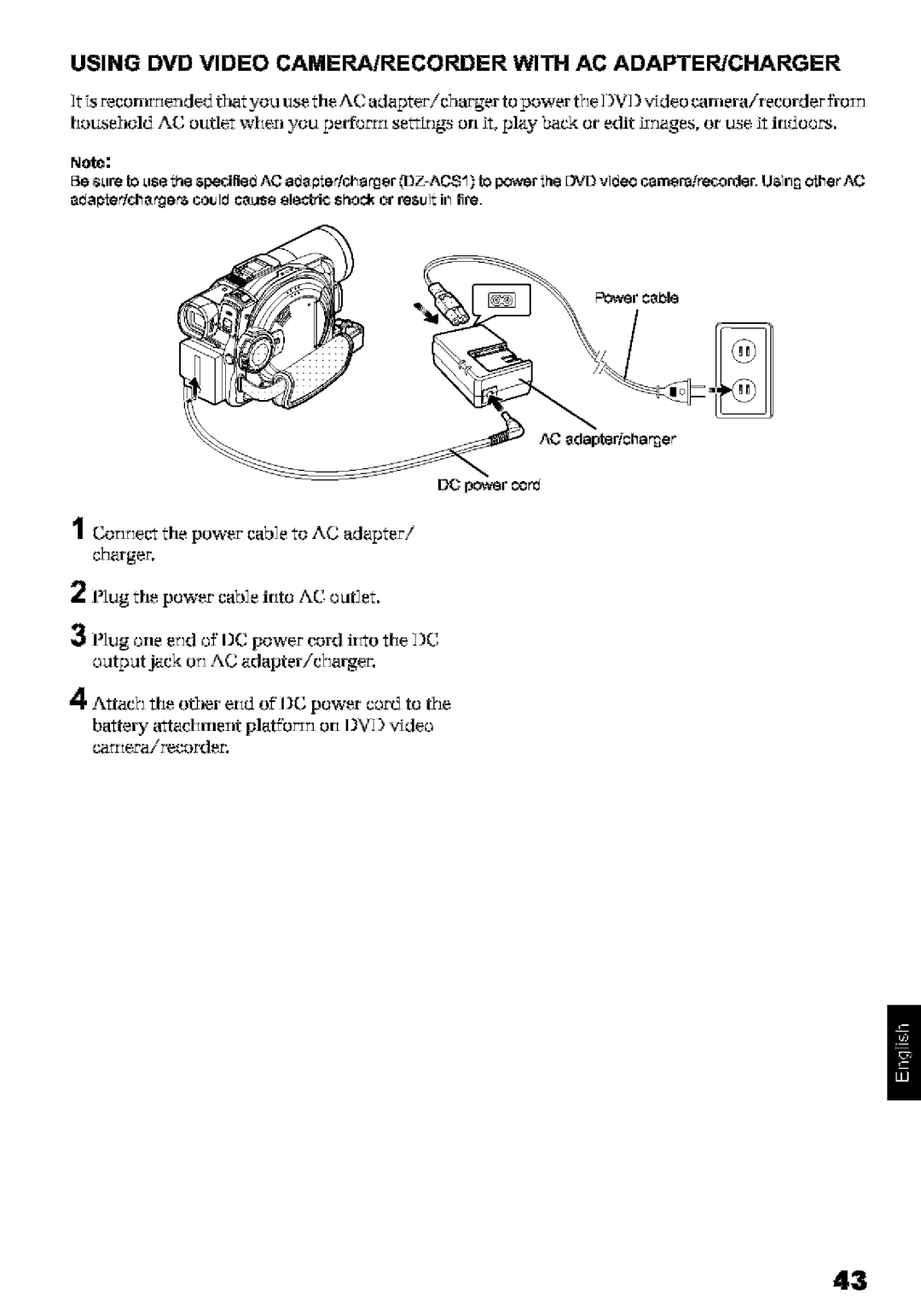 Hitachi DZ-MV580A Using DVD Video CAMERA/RECORDER with AC ADAPTER/CHARGER, Connegthe power cable o AC adatJter/ cringer 