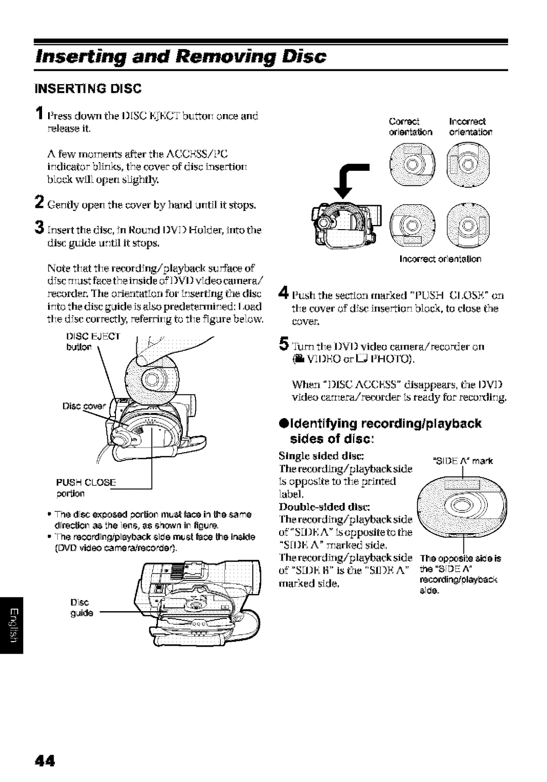 Hitachi DZ-MV580A Inserting and Removing, Identifying recording/playback sides of disc, Inserting Disc 