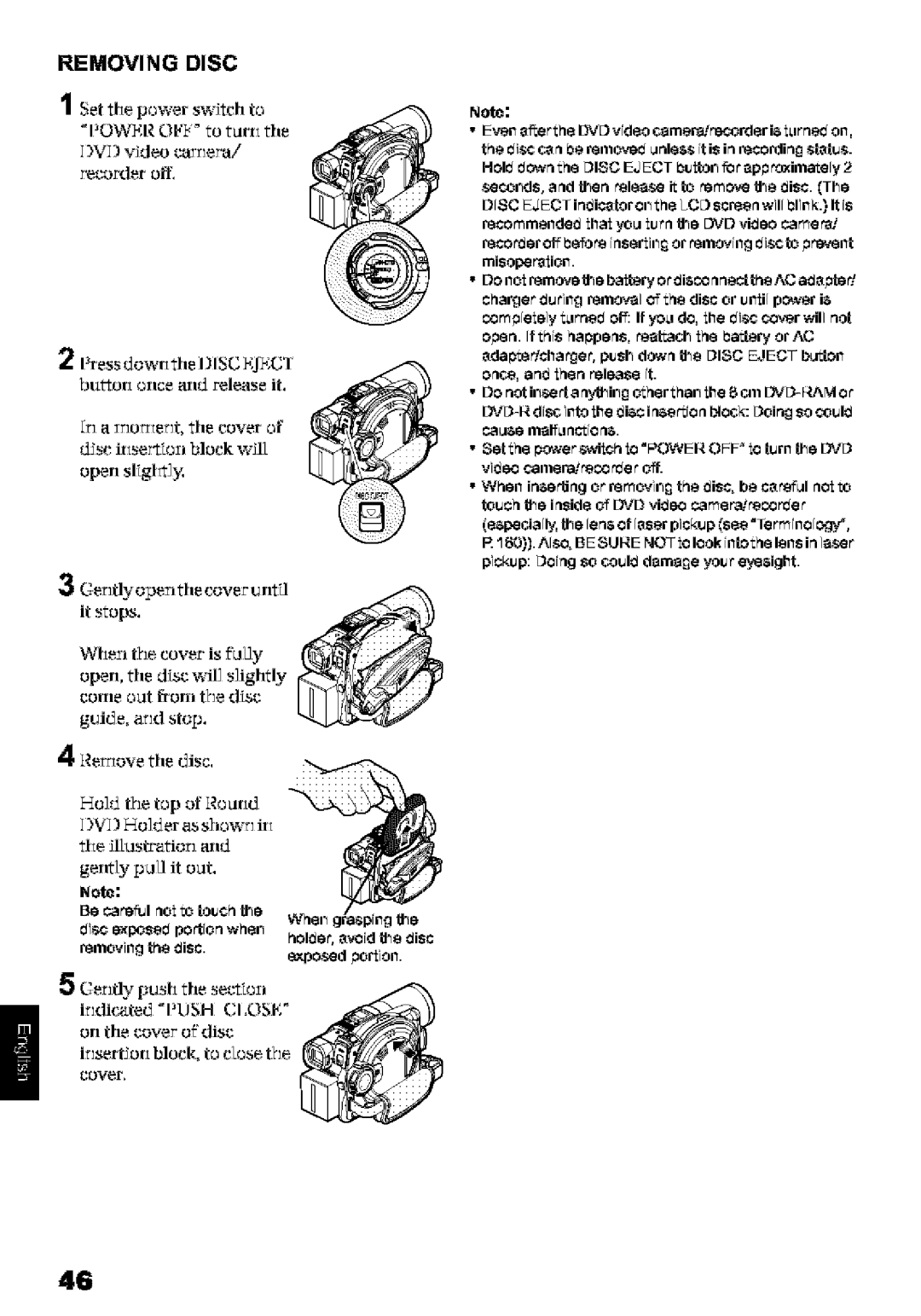 Hitachi DZ-MV580A instruction manual Removing Disc, Touch the iaside ofID video camera!recorder, Guide, arid stop 