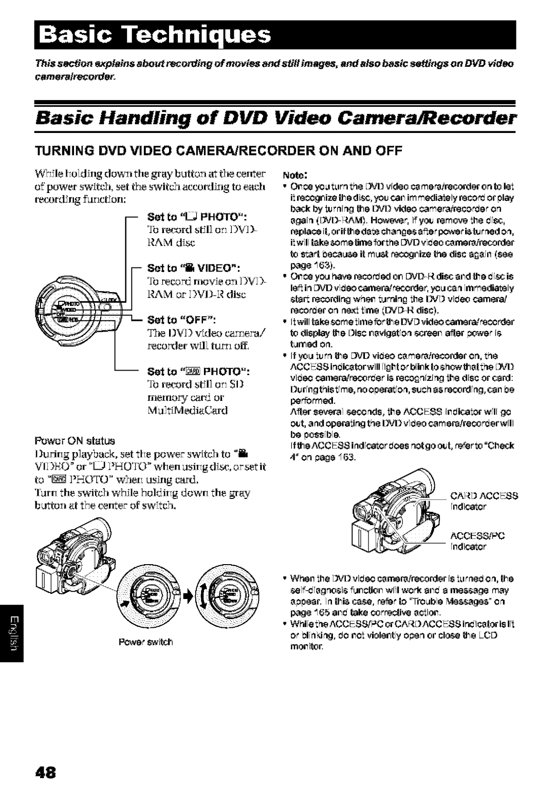 Hitachi DZ-MV580A Basic Handling of DVD Video Camera/Recorder, Turning DVD Video CAMERA/RECORDER on and OFF, Set to Photo 