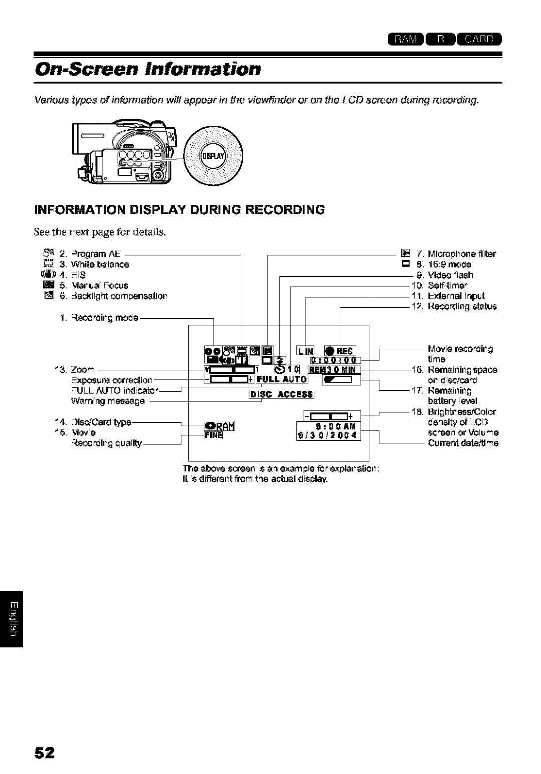 Hitachi DZ-MV580A On-Screen Information, Information Display During Recording, See the e,tpage for dermis 