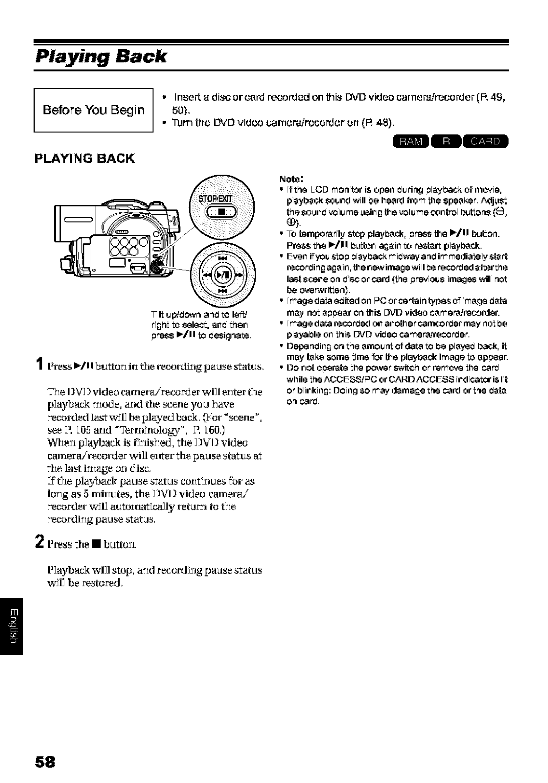 Hitachi DZ-MV580A instruction manual Playing Back, Tilt upiovnan to 