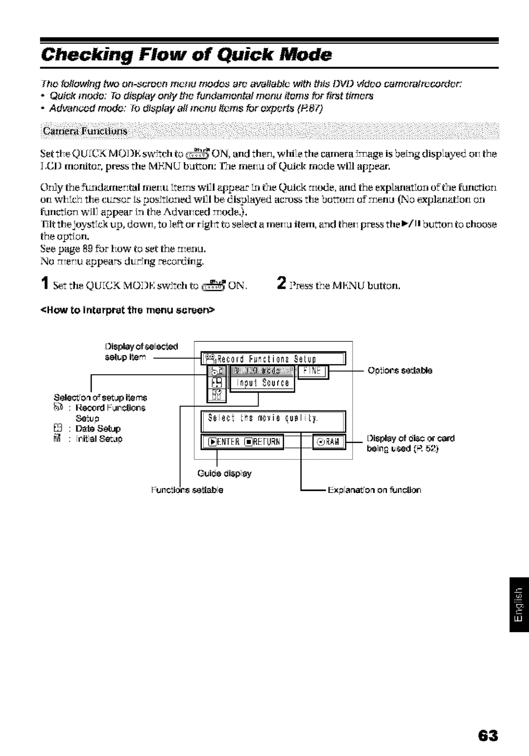 Hitachi DZ-MV580A Checking Flow of Quick Mode, Acro, How to interpret th menu screen, 8electioa osp iiems Record Fmddos 