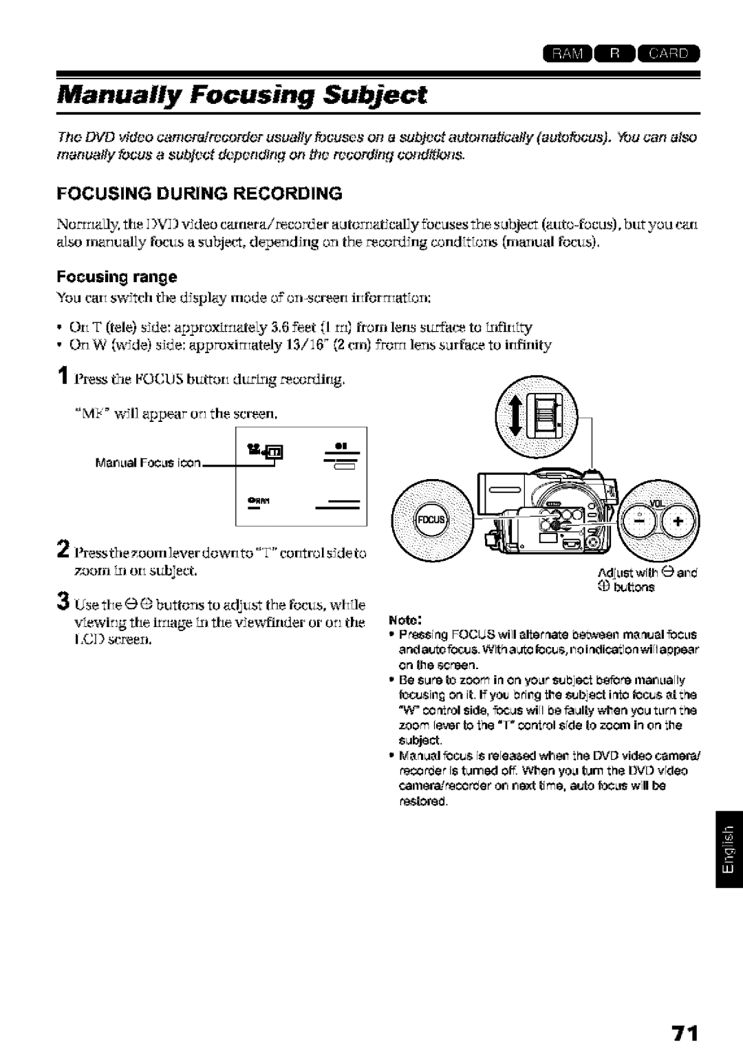 Hitachi DZ-MV580A Manually Focusing Subject, Focusing During Recording, Focusing range, Adiuswith e a=n buttons 