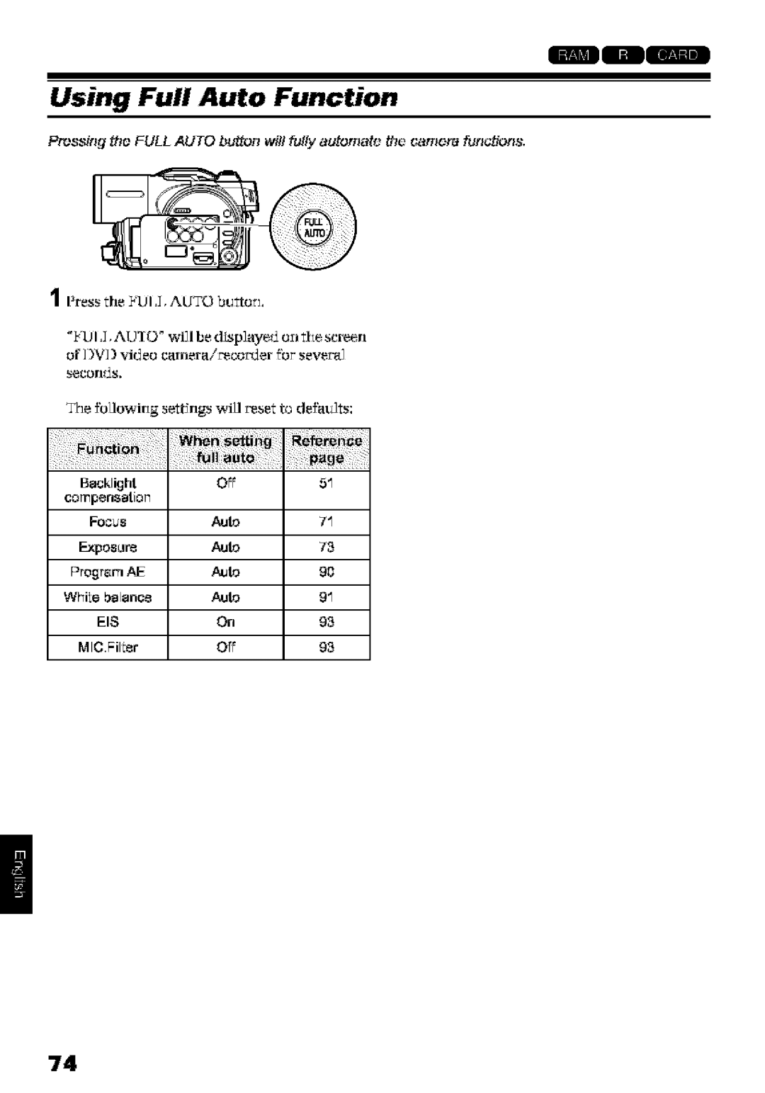 Hitachi DZ-MV580A Using Full Auto Function, Backlight OFt, Compensation, Focus Auto ExposL Program AE AUto WhiLe balan¢8 