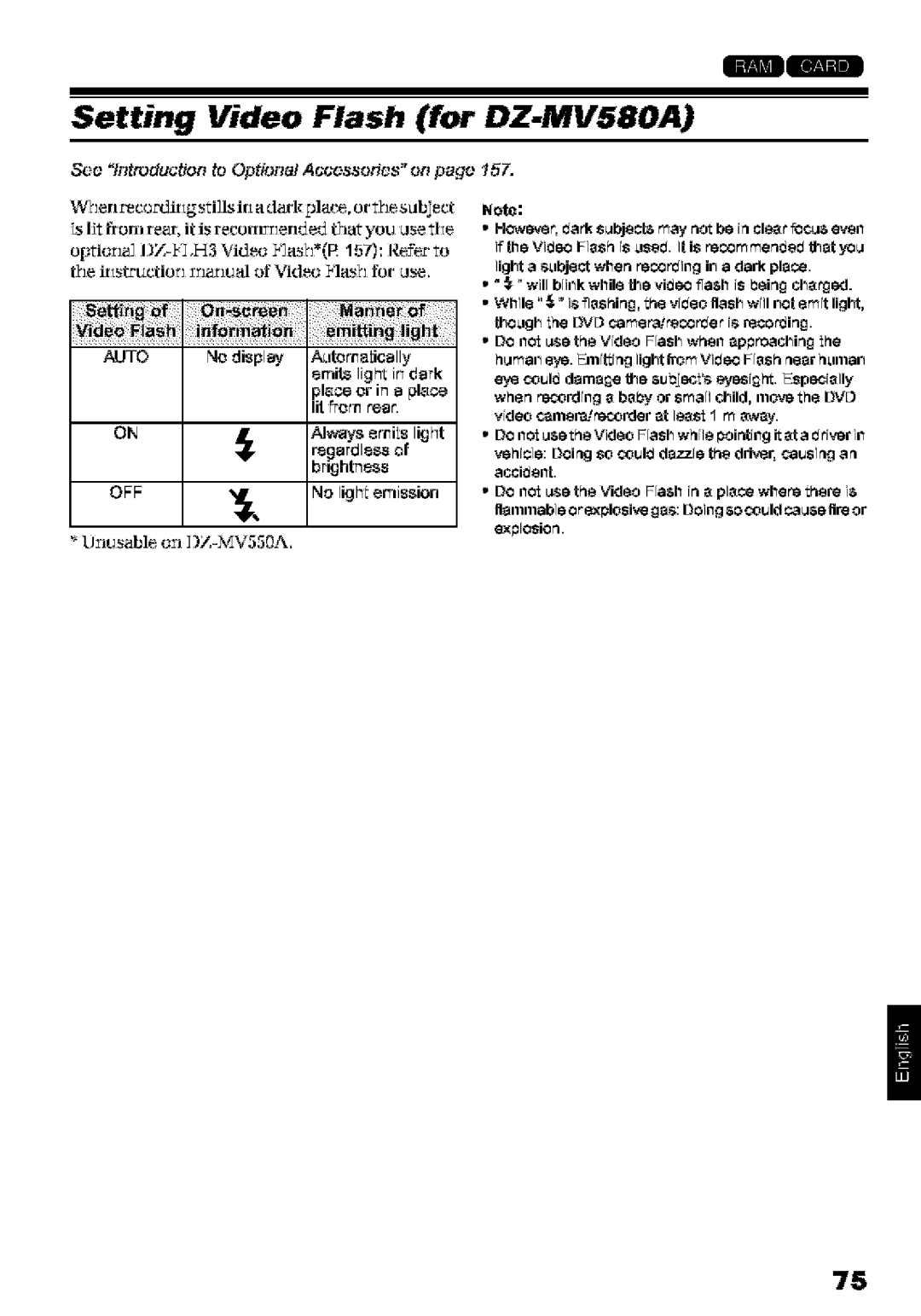 Hitachi instruction manual Setting Video Flash for DZ-MV580A, No display, Regardless 