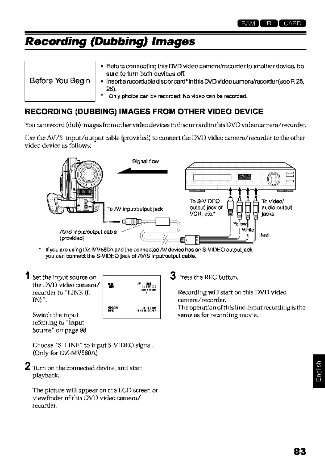 Hitachi DZ-MV580A Recording Dubbing Images from Other Video Device, RecorJer to I,N£ I, Press t£JeRI,C butto 