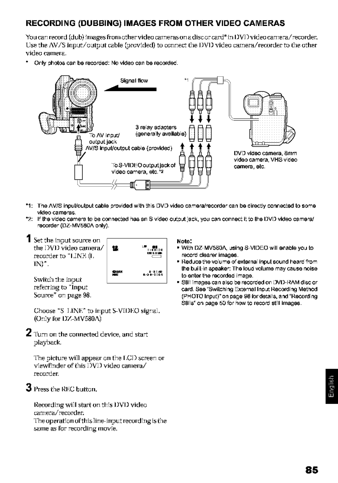 Hitachi DZ-MV580A instruction manual Recording Dubbing Images from Other Video Cameras, Oaipaijack, IdD vi0oo camera, 8ram 