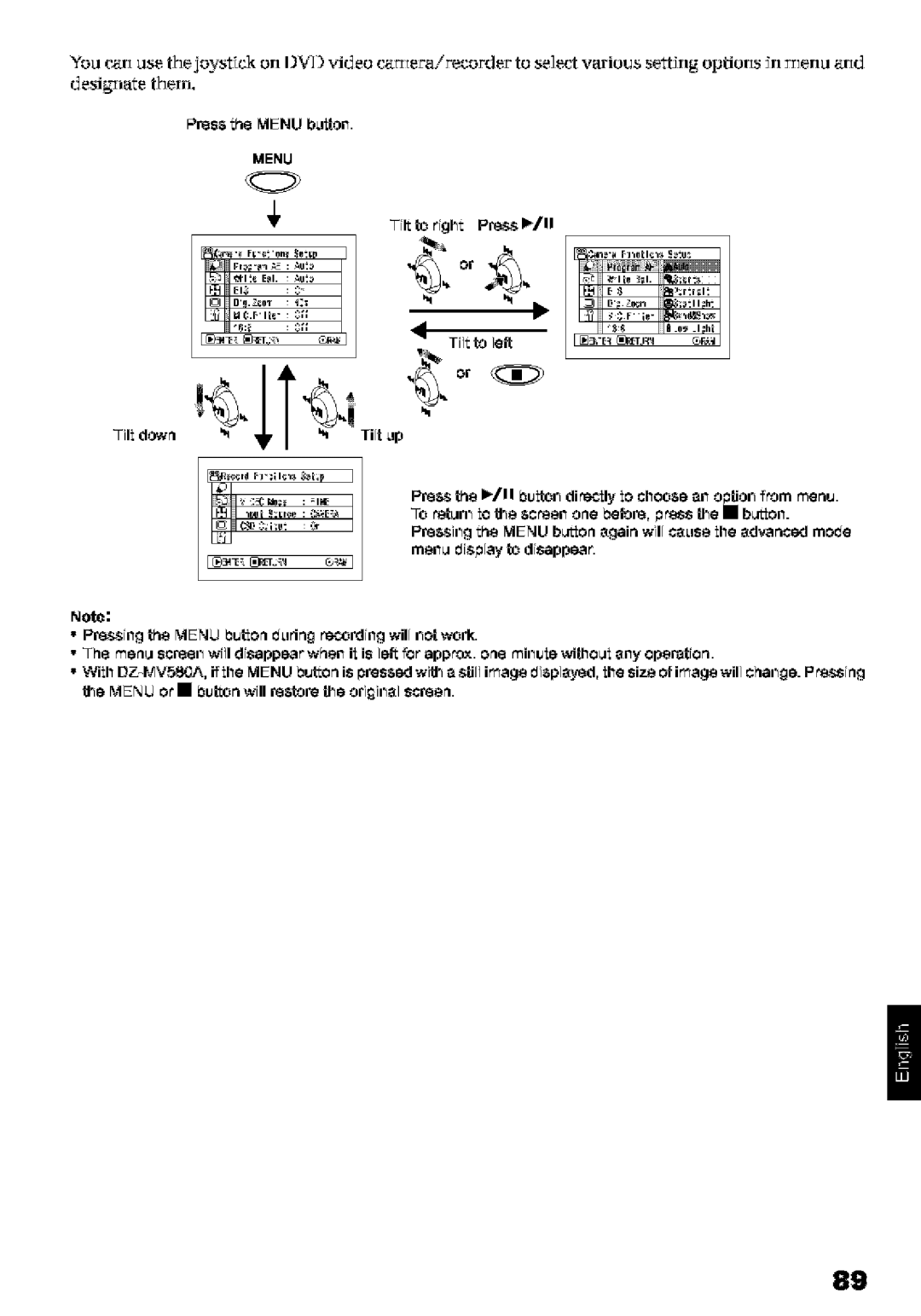 Hitachi DZ-MV580A Tilt to right Press I/11 Tilt to le, Tilt Lip, Pre the k/I I buto direclly lo cheoe an opEo from menu 