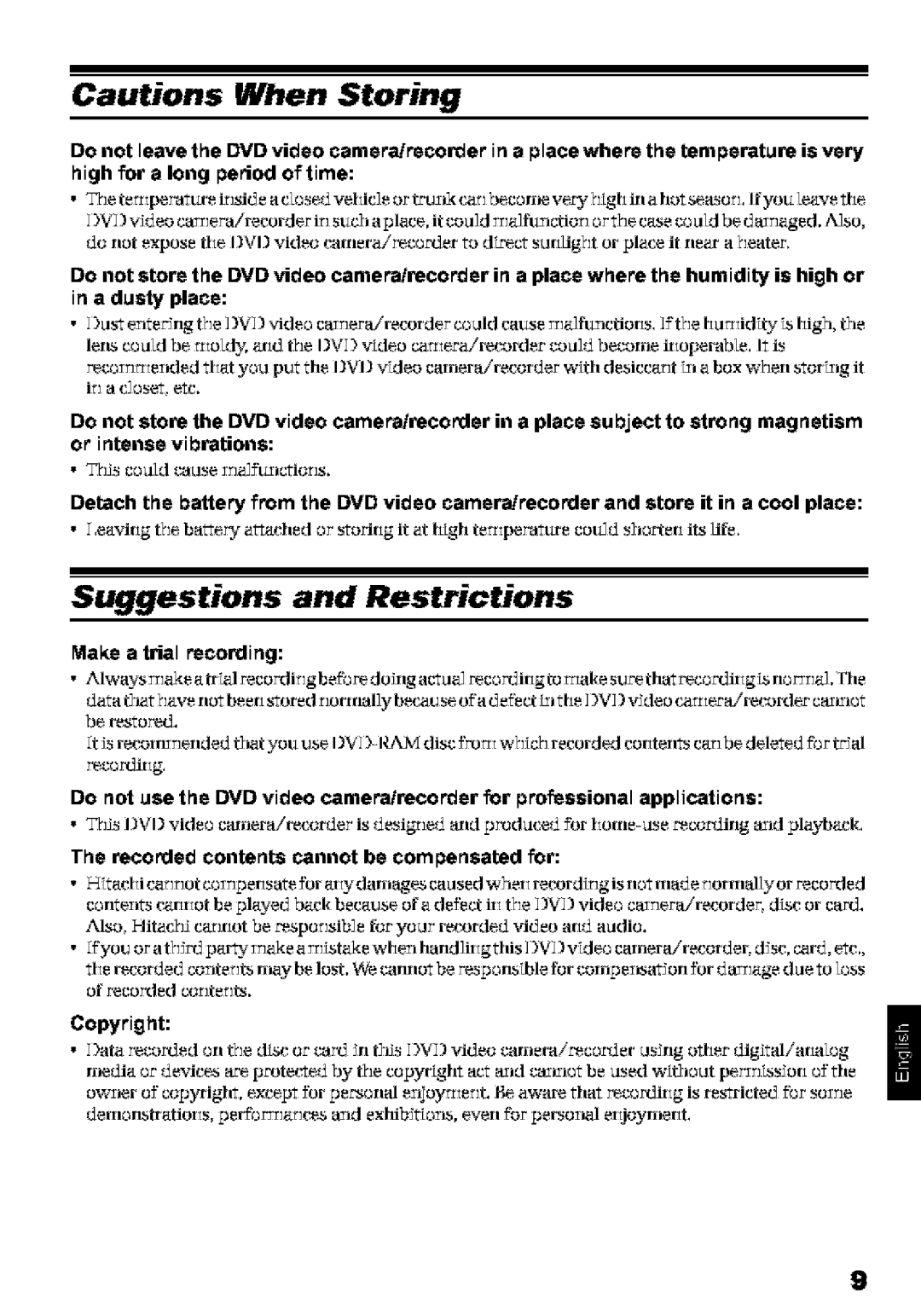 Hitachi DZ-MV580A instruction manual Suggestions and Restrictions, Copyright, Recorded contents cannot be compensated for 