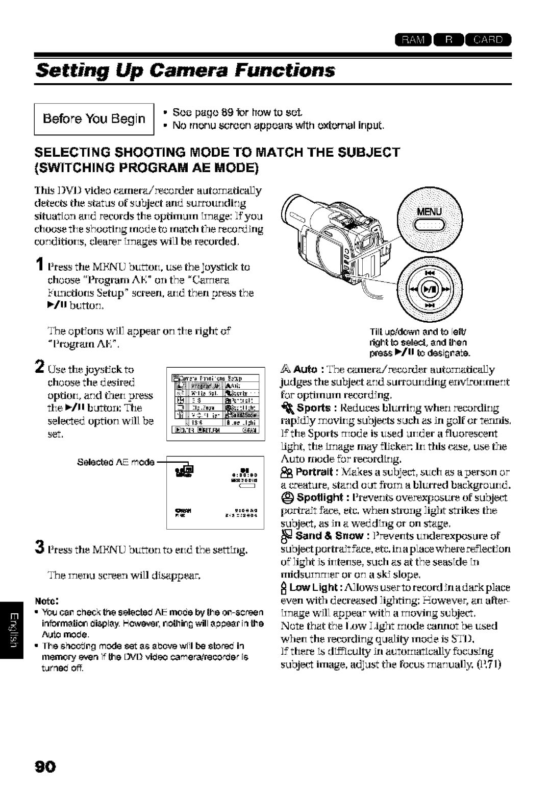 Hitachi DZ-MV580A Setting Up Camera Functions, Press tile Menu buorJ to erid tJeseixlg, Auto The camera/recorder aatomaicy 