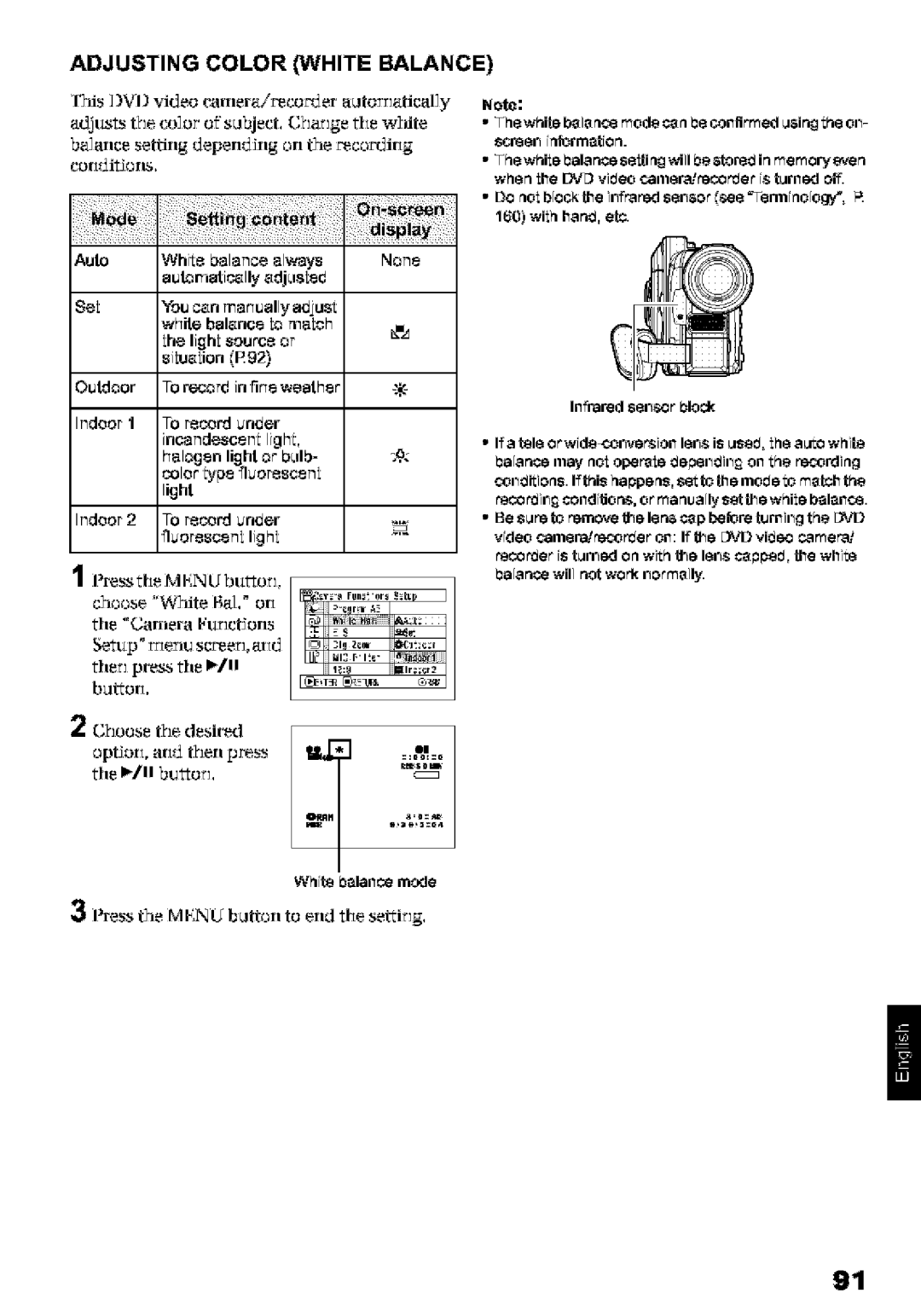 Hitachi DZ-MV580A instruction manual Adjusting Color White Balance, Whii8 balan always None, Light 