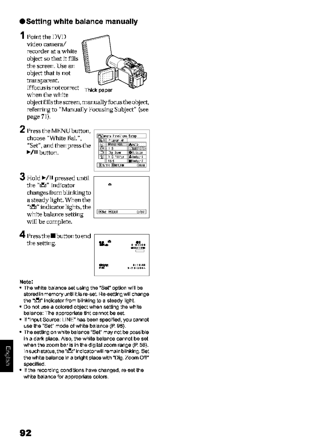 Hitachi DZ-MV580A ESetting white balance manually, Press the MFNUbuotL choose Wldte IaL, Press the m buttot to eld, Lqoo 