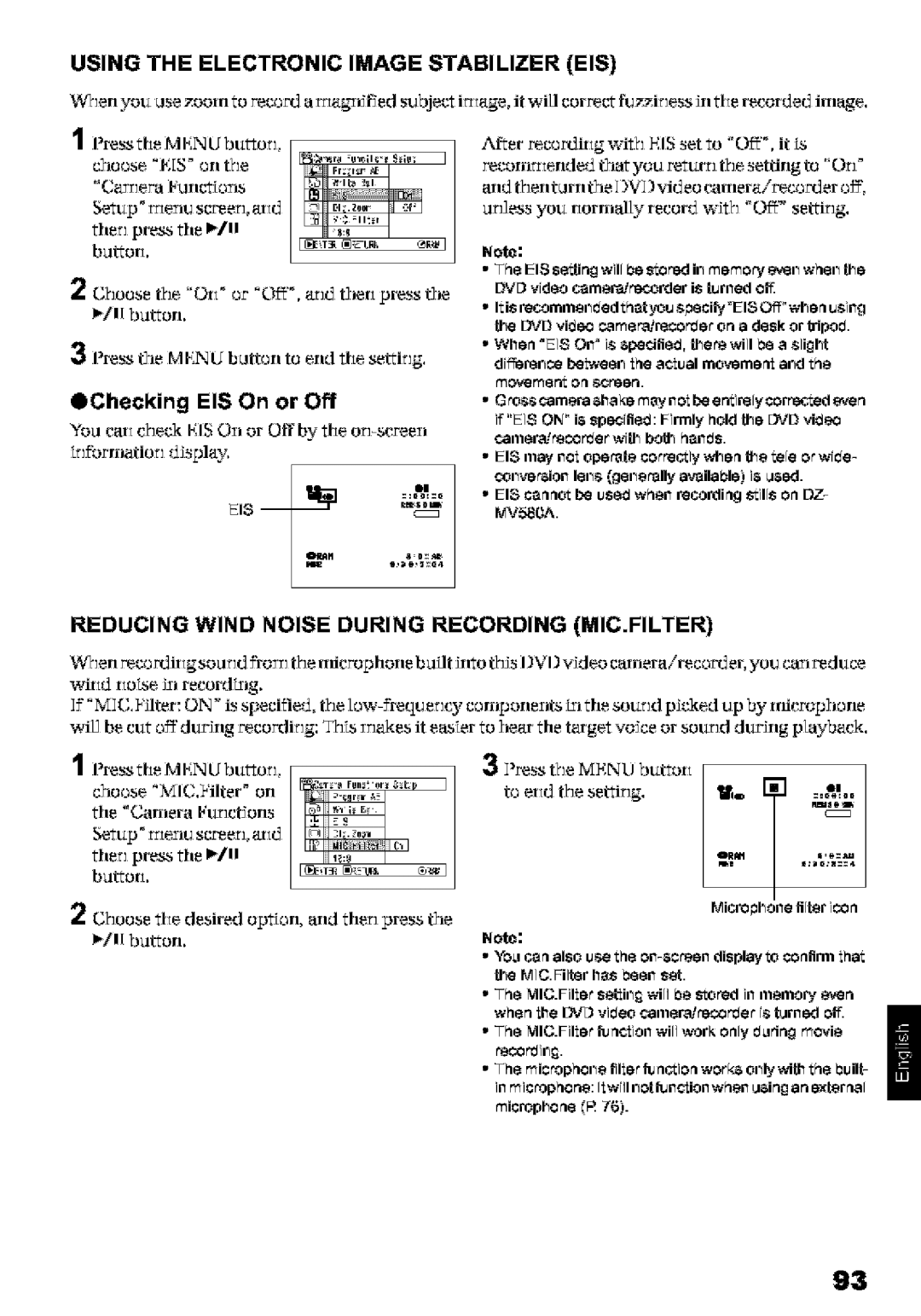 Hitachi DZ-MV580A instruction manual Using the Electronic Image Stabilizer EIS, OChecking EIS On or Off 