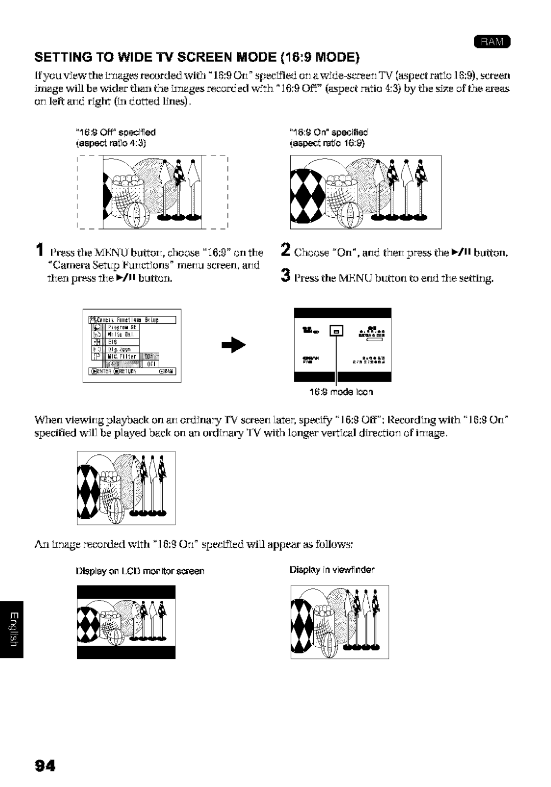 Hitachi DZ-MV580A instruction manual Setting to Wide TV Screen Mode 069 Mode, Aspe¢ mio169, Display in viewfnder 