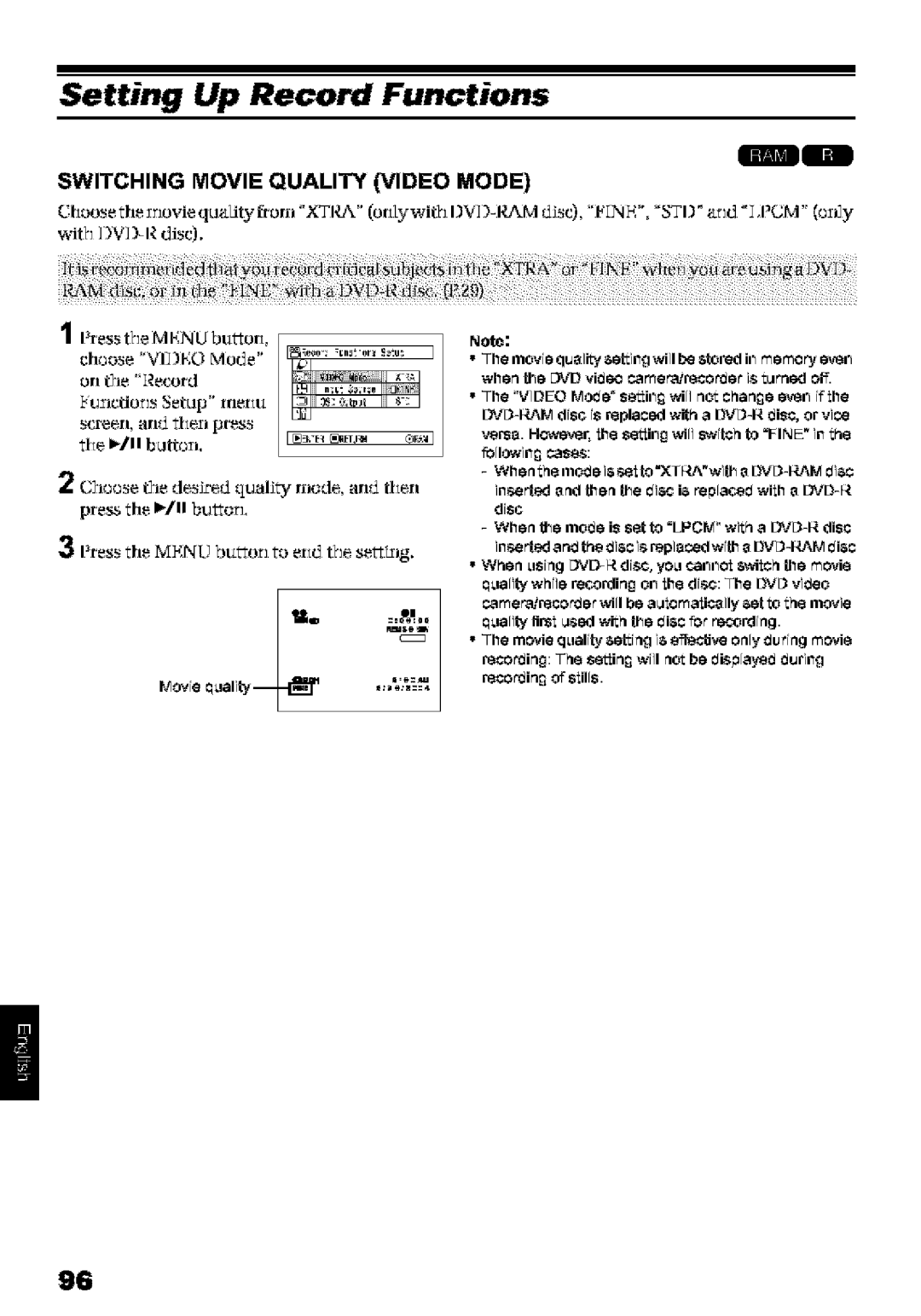 Hitachi DZ-MV580A instruction manual Setting Up Record Functions, Switching Movie Quality Video Mode, Rcoin of slills 