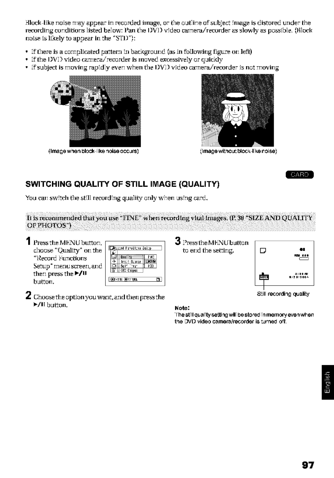 Hitachi DZ-MV580A Switching Quality of Still Image Quality, You caswitch t3estLlrecording qu3ity i.lflywhe usxgcard, I/11 