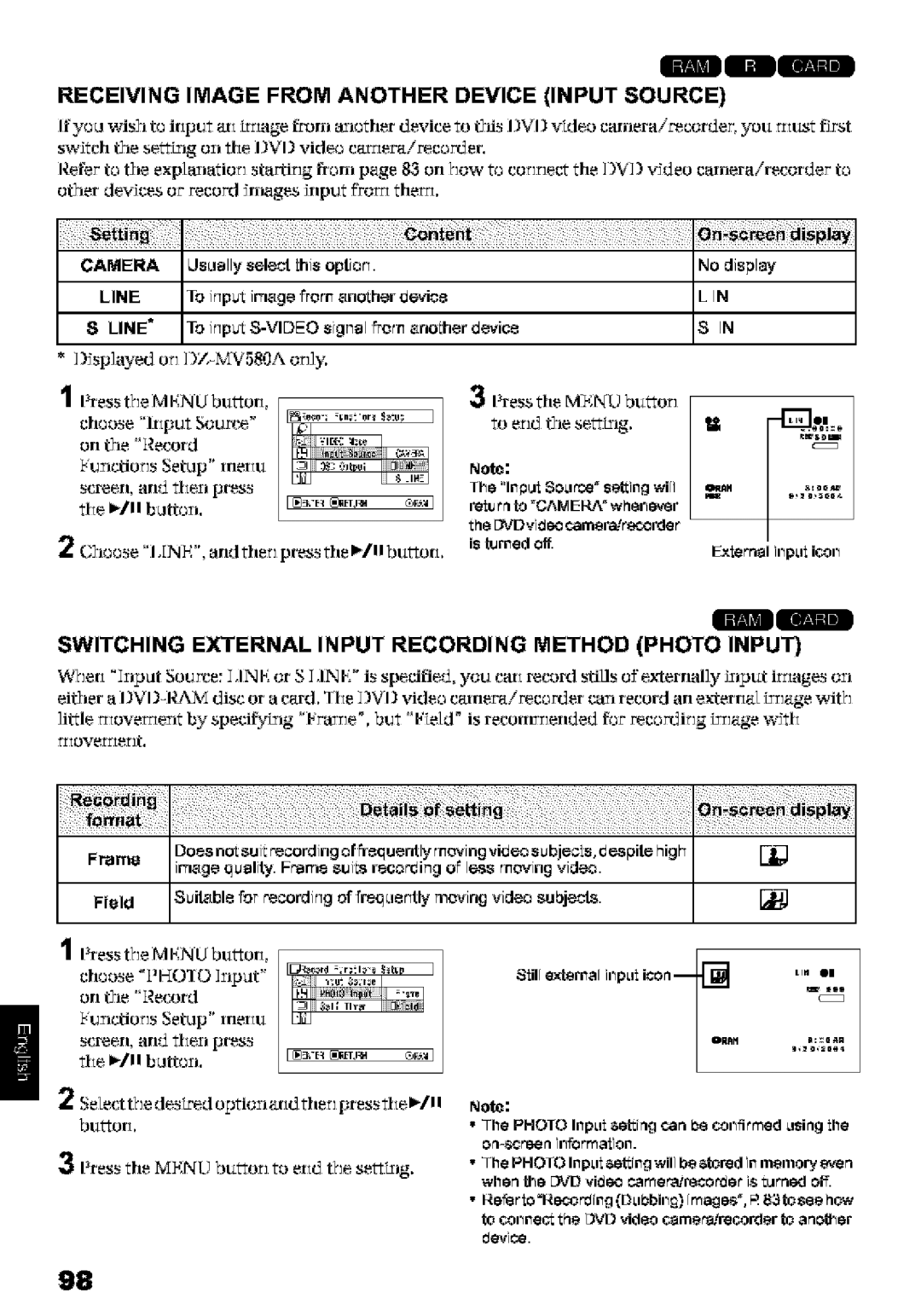 Hitachi DZ-MV580A Receiving Image from Another Device Input Source, Switching External Input Recording Method Photo Input 